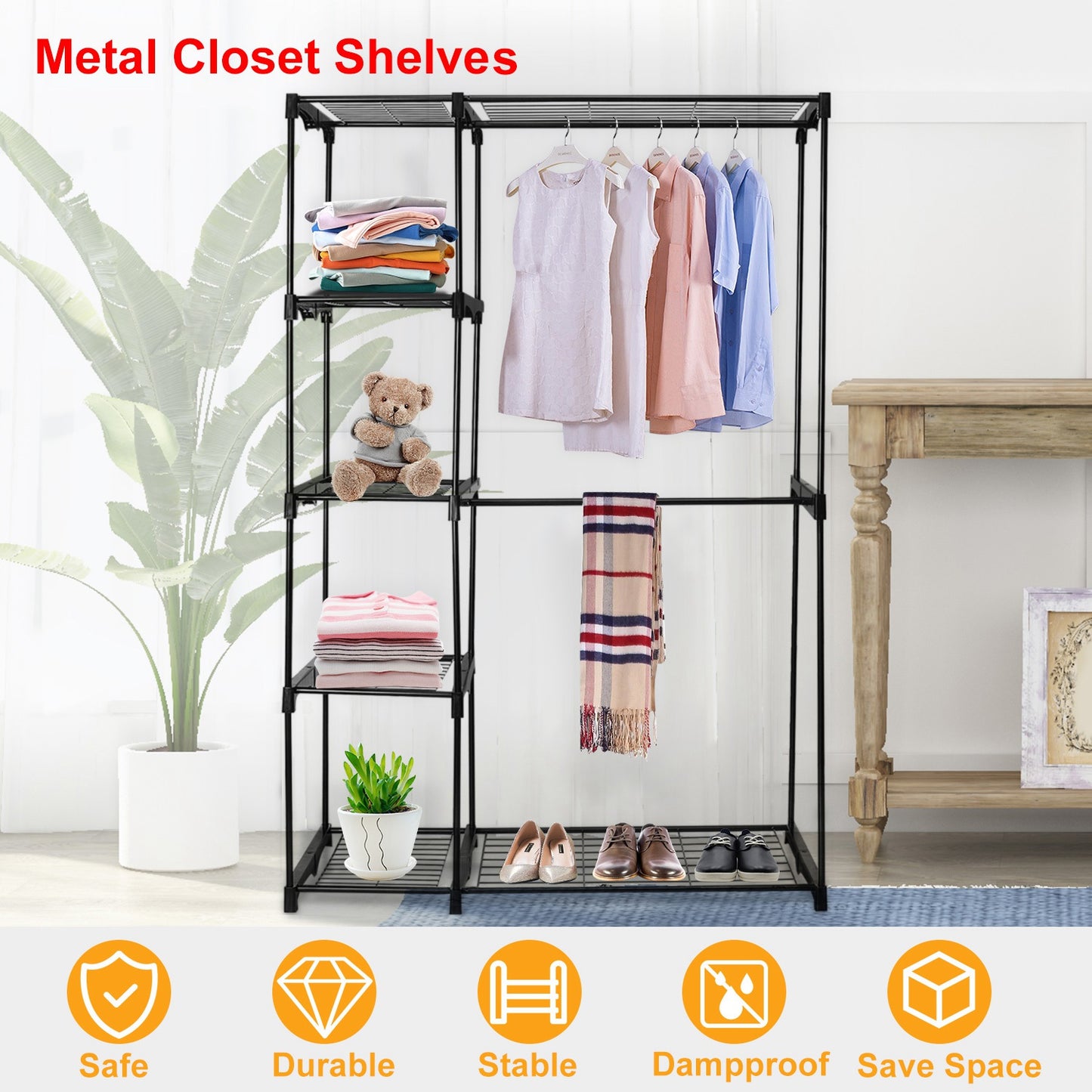 Metal Closet Deluxe Double Rod Freestanding Closet Clothes Storage Organizer Coat Storage Wardrobe Metal Shoes Storage Rack with 5-Tier Wire Shelving