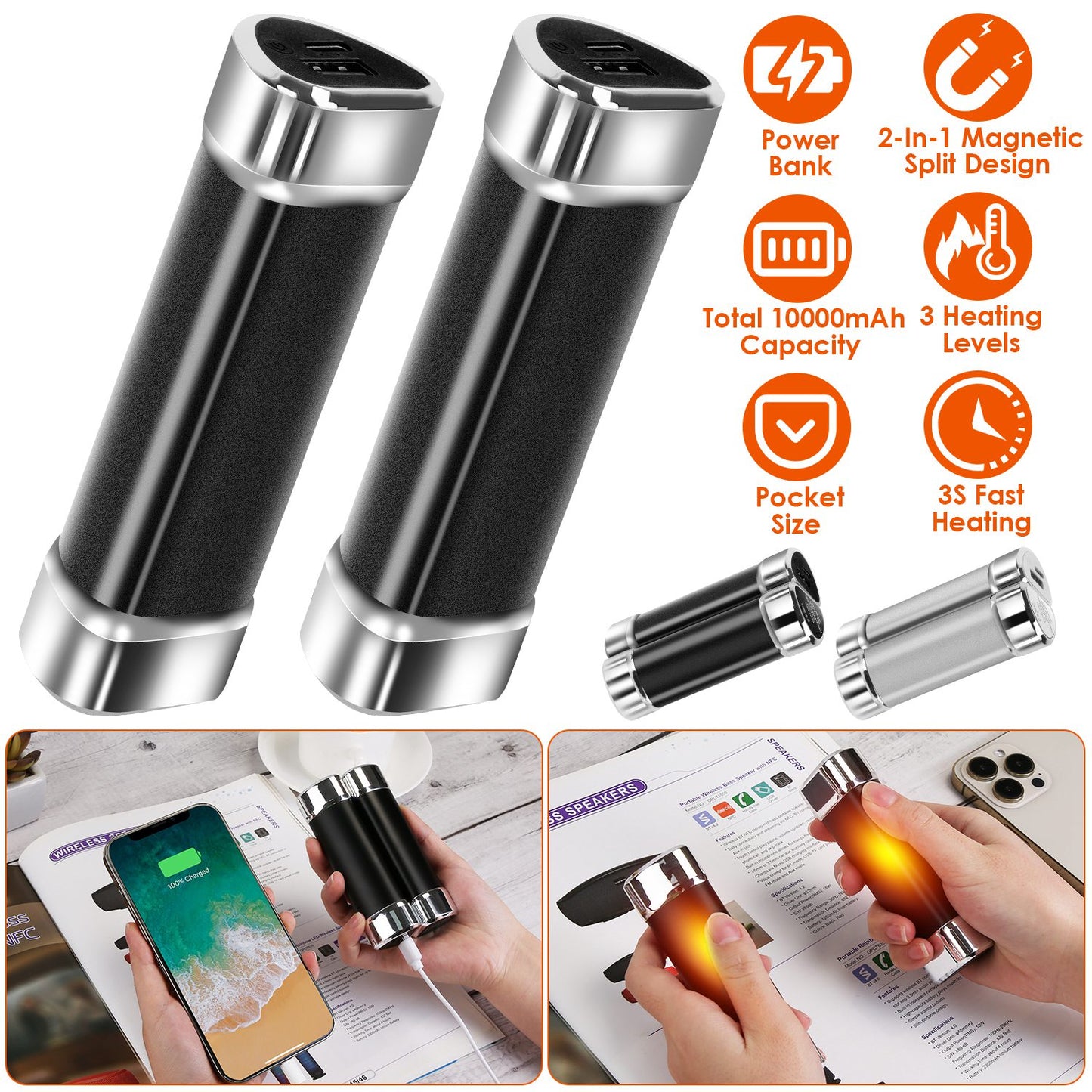 2 Packs 10000mAh Split-Magnetic Handwarmers 2 in 1 Portable Electric Pocket Heater Power Bank Portable Charger with 3 Heating Levels for Camping Hunt