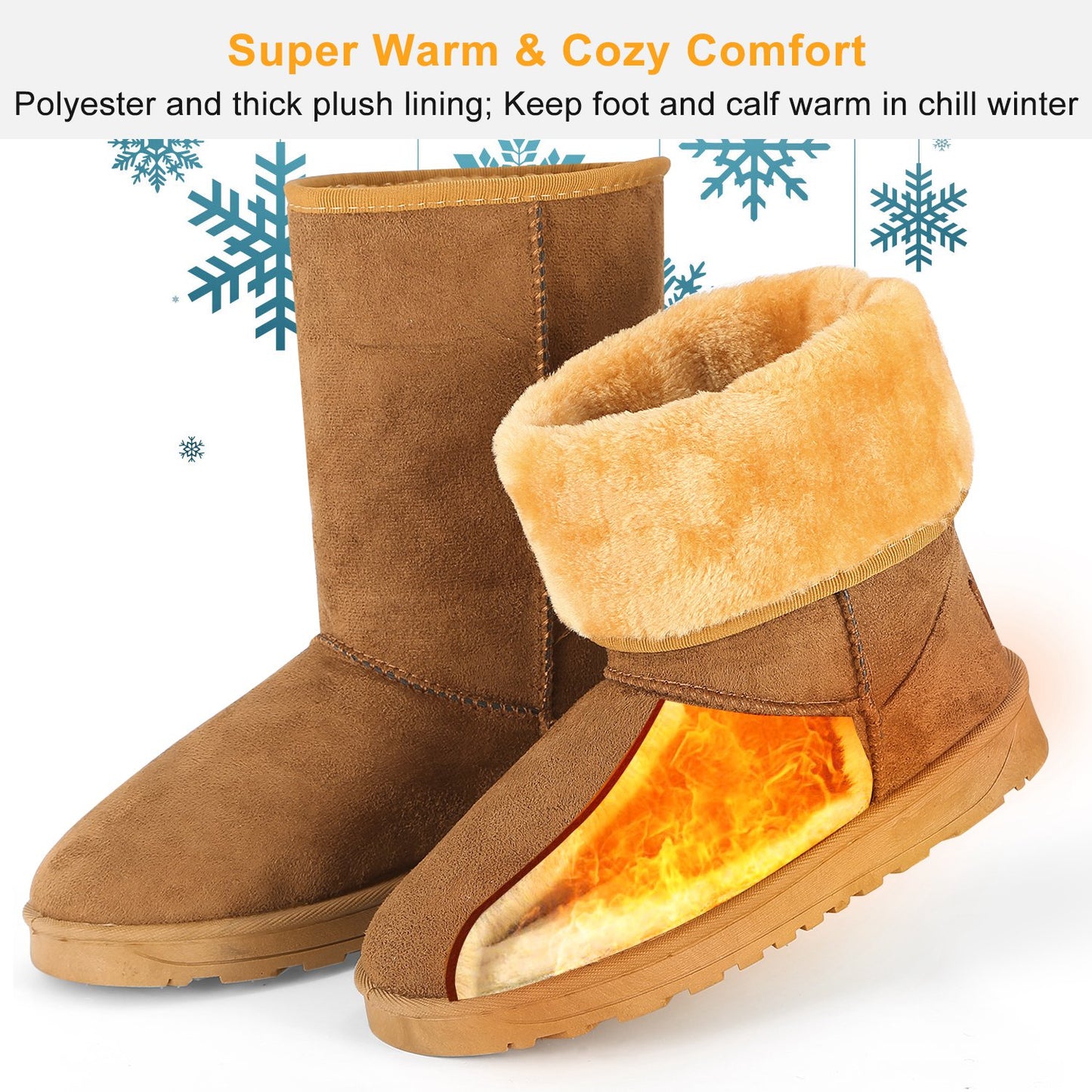 Women Ladies Snow Boots Waterproof Faux Suede Mid-Calf Boots Fur Warm Lining Shoes