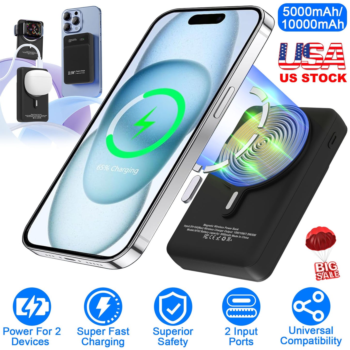 10000mAh Magsafe 3 In 1 Portable Charger PD22.5W Magnetic Fast Charger Fast Charging Power Bank Fit For IOS Phone 15/14 Samsung Galaxy S24 And More