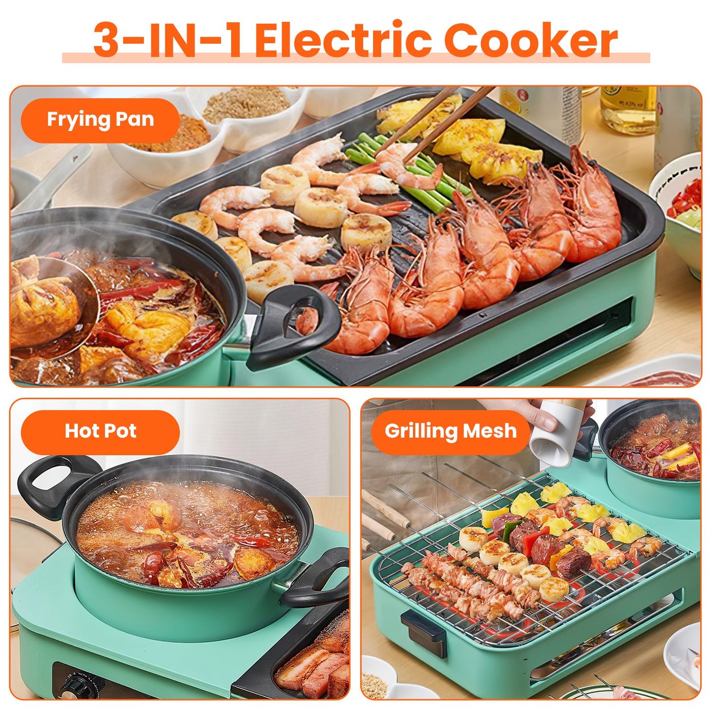 3 in 1 Electric Hot Pot with Grill 1600W Smokeless Non-Stick Korean BBQ Grill Shabu Shabu Hot Pot Combo with Independent Temperature Control for 3-5 P