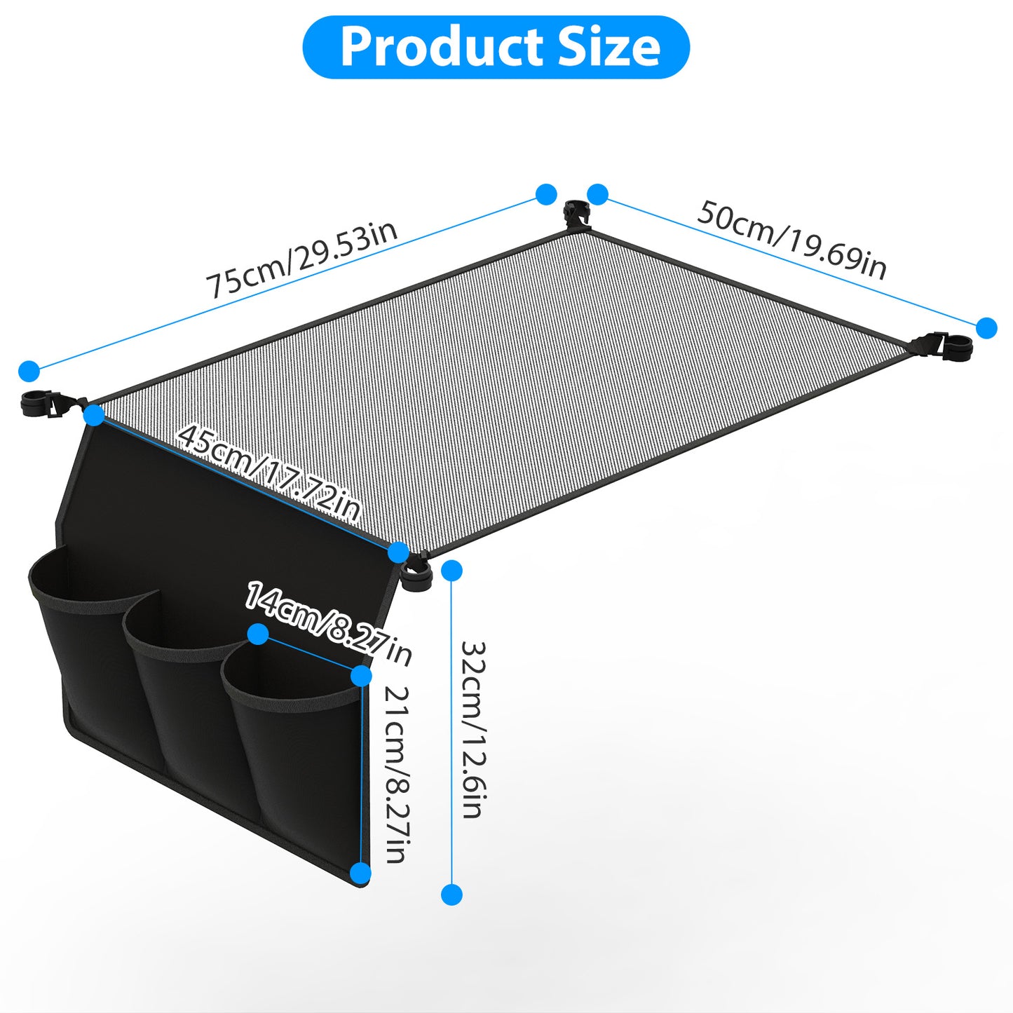 Hanging Storage Net for 35.43x23.62 Camping Table Under Table Folding Net Bag Tear-Resistant with 3 Side Pockets 4 Corner Clips for Camping Hiking Fis