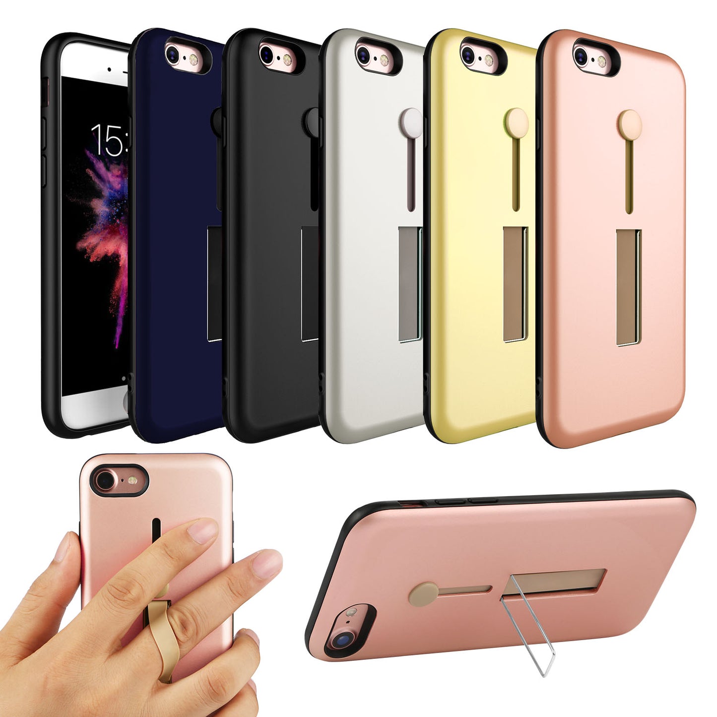 Finger Strap Phone Case for iPhone 8 Drop-prot ection Finger Ring Rugged Phone Case with Kickstand Dual Layer Case