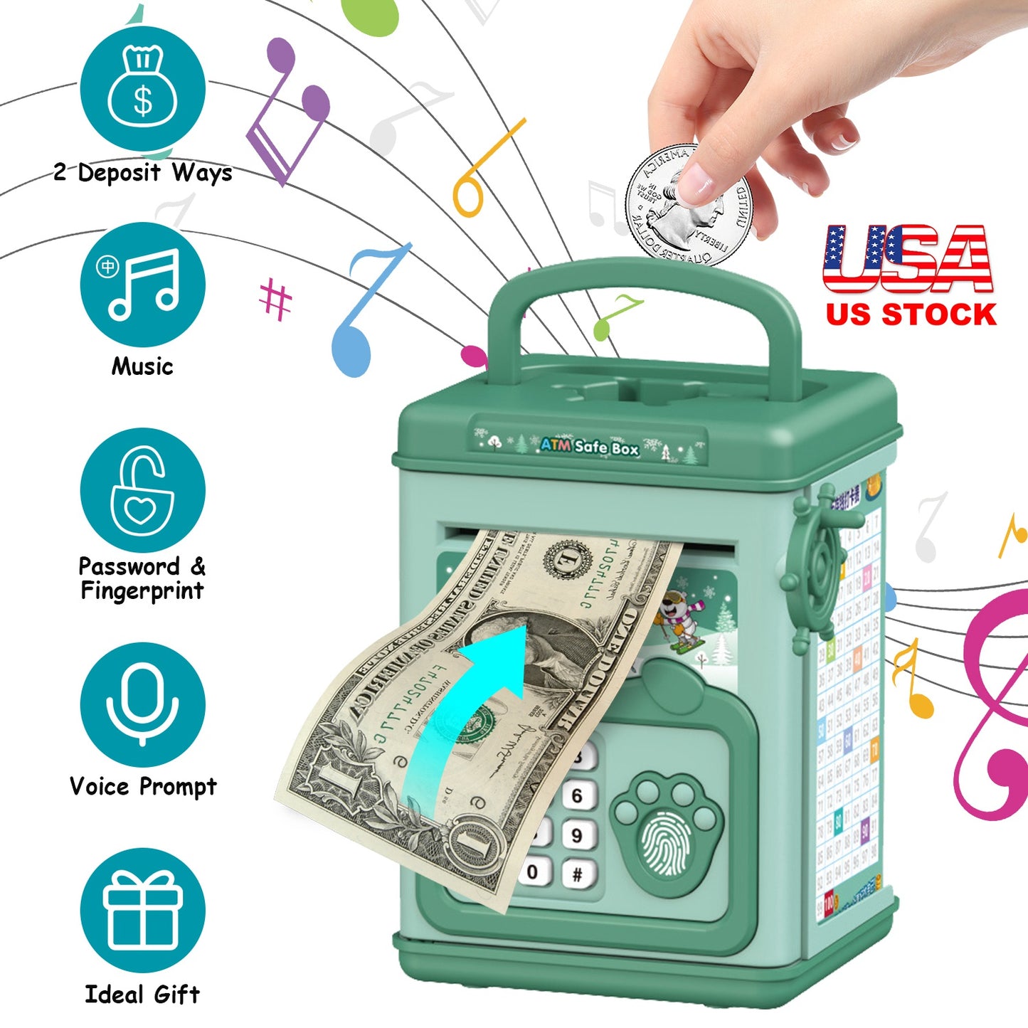 Piggy Bank Toy Cash Coin Money Bank Money Saving Box with Password Fingerprint Voice Prompt Folding Handle for 3+ Years Old Boys Girls