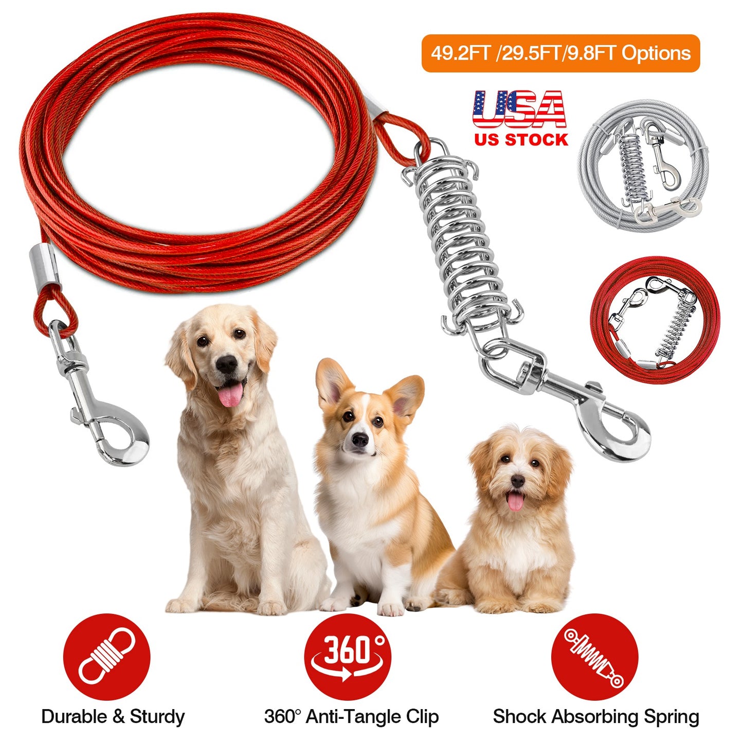 29.5FT Dog Tie Out Cable Long Dog Leash Chew Proof Lead Dog Chain with Durable Spring 360¡ Rotatable Clips PVC Case for Outside Yard Caming