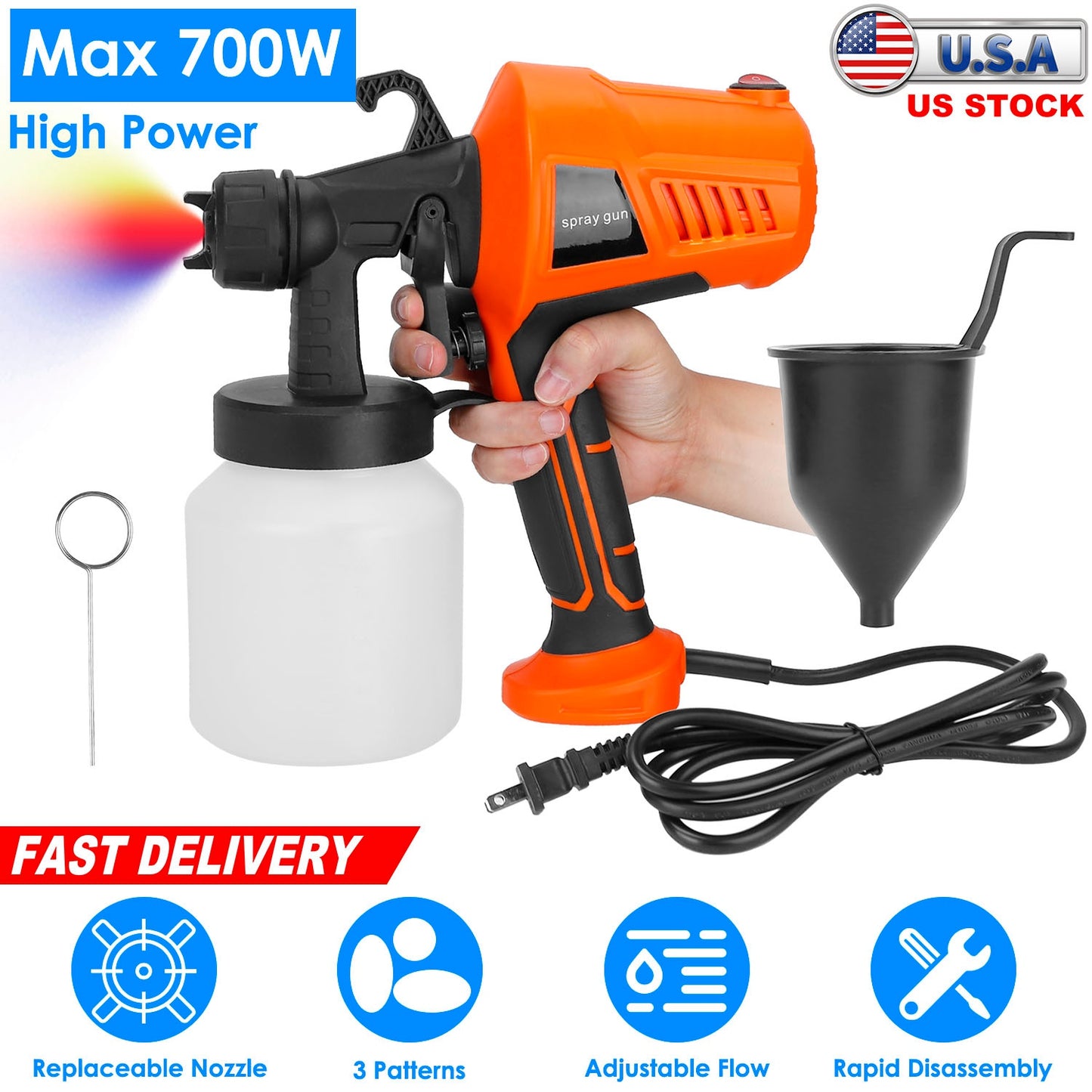 700W Electric Paint Sprayer Handheld HVLP Spray Painter Painting Spray Gun For Fences Brick Walls w/ 3 Spray Patterns 800ML Detachable Cup