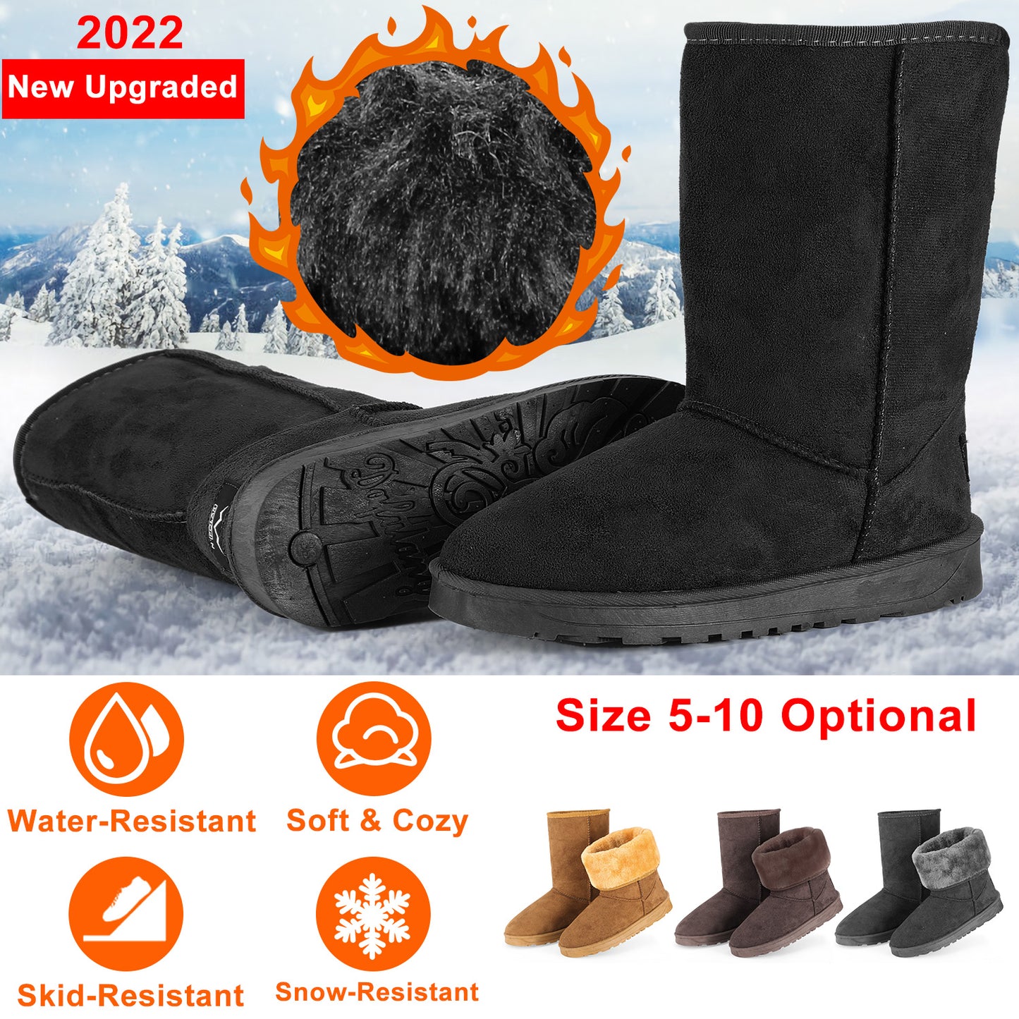 Women Ladies Snow Boots Waterproof Faux Suede Mid-Calf Boots Fur Warm Lining Shoes