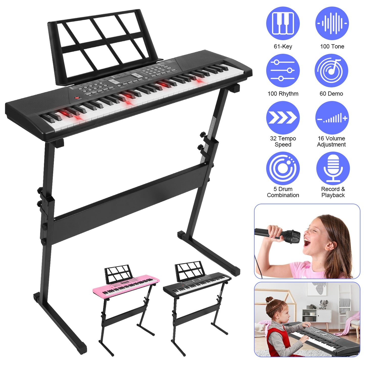 61 Keys Digital Music Keyboard Electric Piano Electronic Musical Instrument Kids Learning Keyboard with Light Up Keys Microphone for 3-12 Year Old Kid