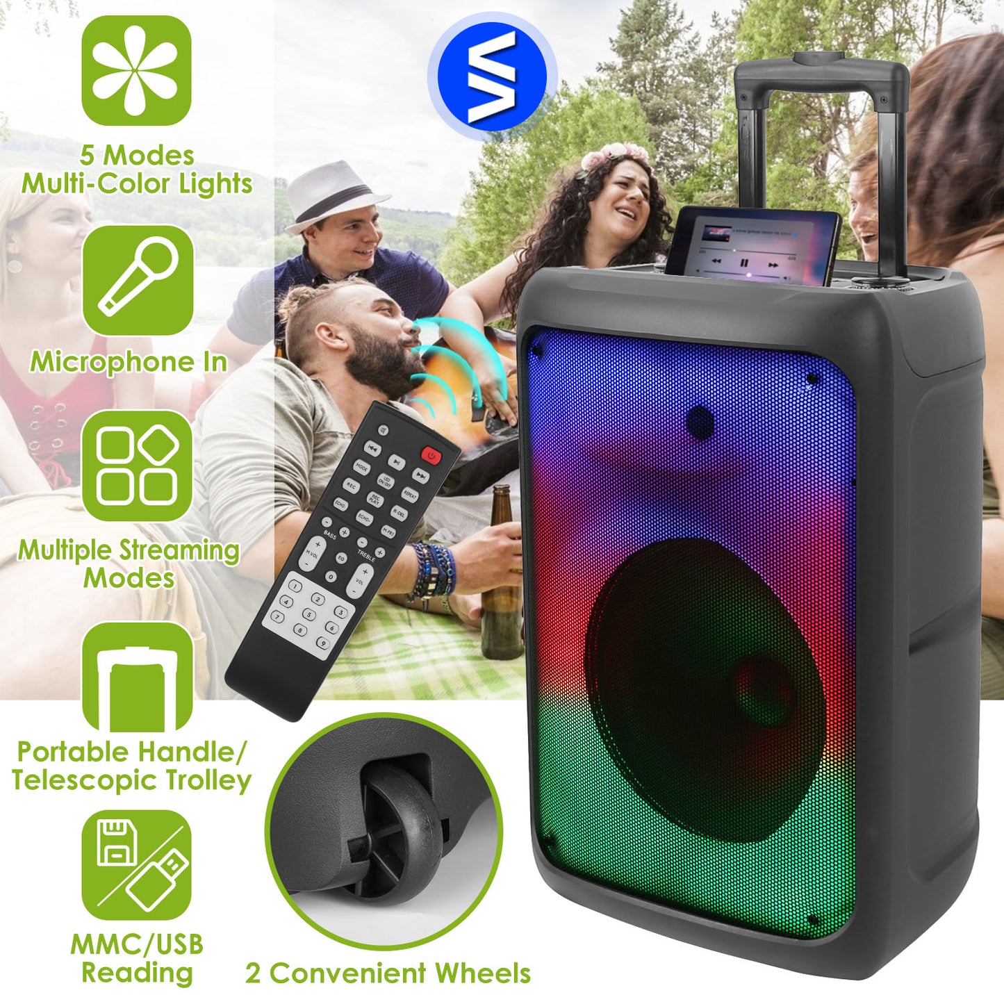 Portable Wireless Party Speaker Party Speaker with with 5 Colorful Lighting Modes TWS FM USB MMC Slot Aux In Recording Mic Priority Trolley Handle 2 W
