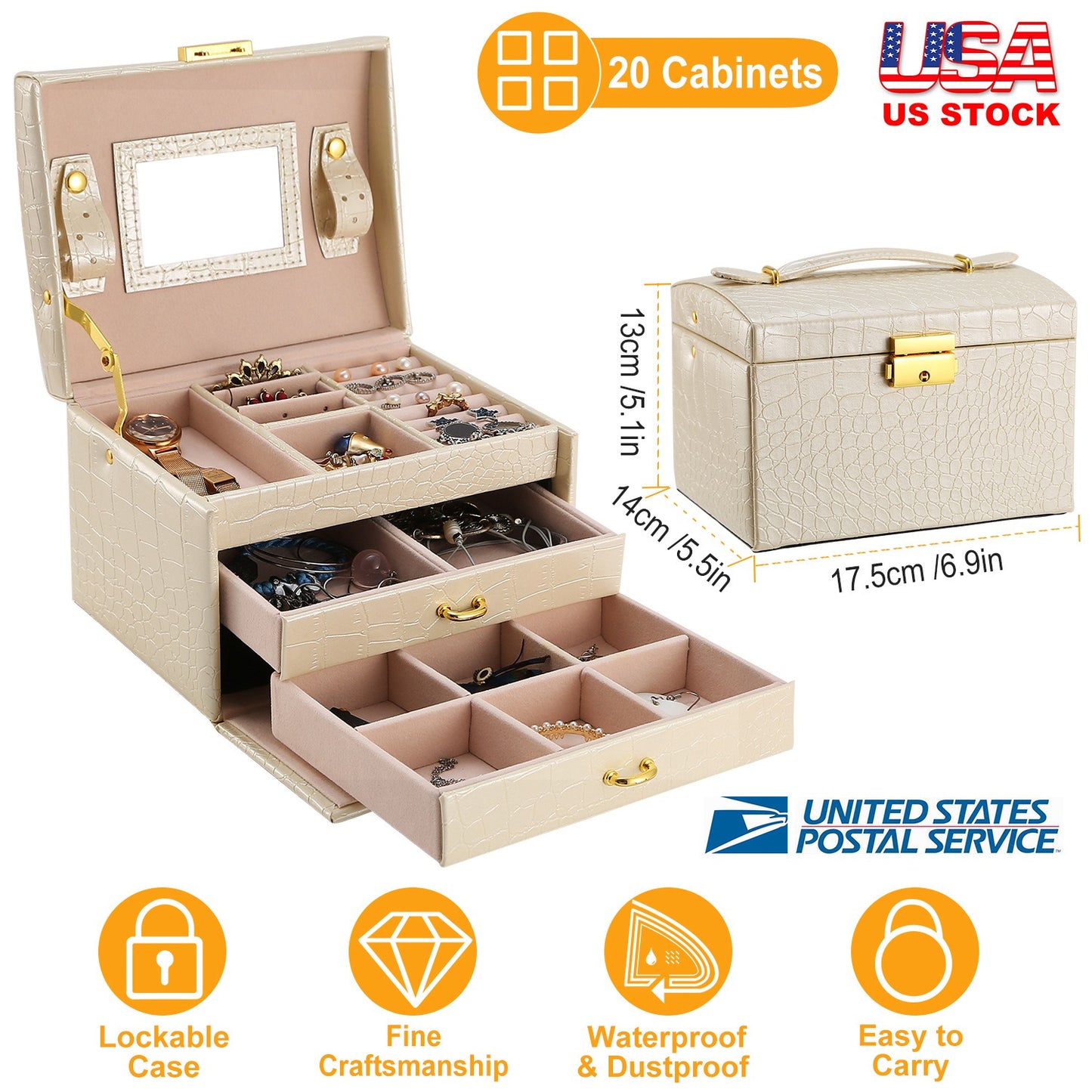 Jewelry Case Organizer 3-layer Lockable Travel Jewelry Box PU Leather Storage Display Case with Mirror Protective for Bracelets Earrings Rings Necklac