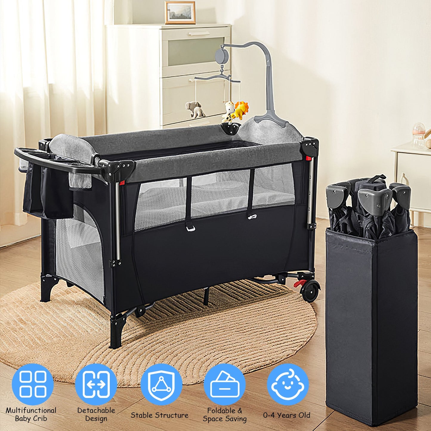 6 In 1 Foldable Baby Crib with Activity Center Diaper Changing Table Mosquito Net Mattress Music Box Toys Storage Tray Baby Bassinet Baby Sleeper