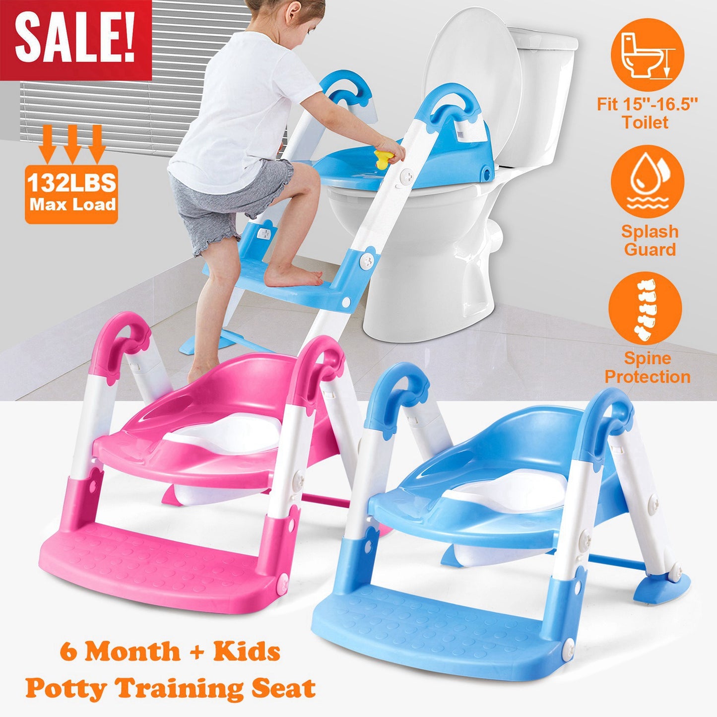 Kids Toilet Seat Toddler Potty Training Chair w/ Steps Stool Baby Toilet Ladder Anti-slip Safety