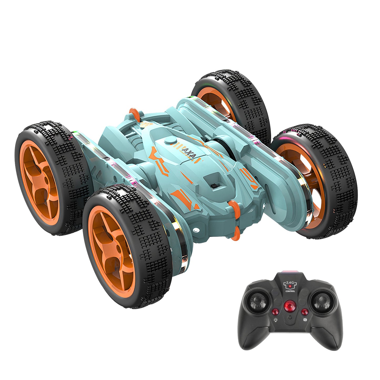 Kid Driving RC Stunt Car 7 Color Strip Light Dynamic Music Swing Arm Double-sided Rolling Remote Control Car Off Road 2.4GHz 4WD Rechargeable Racing