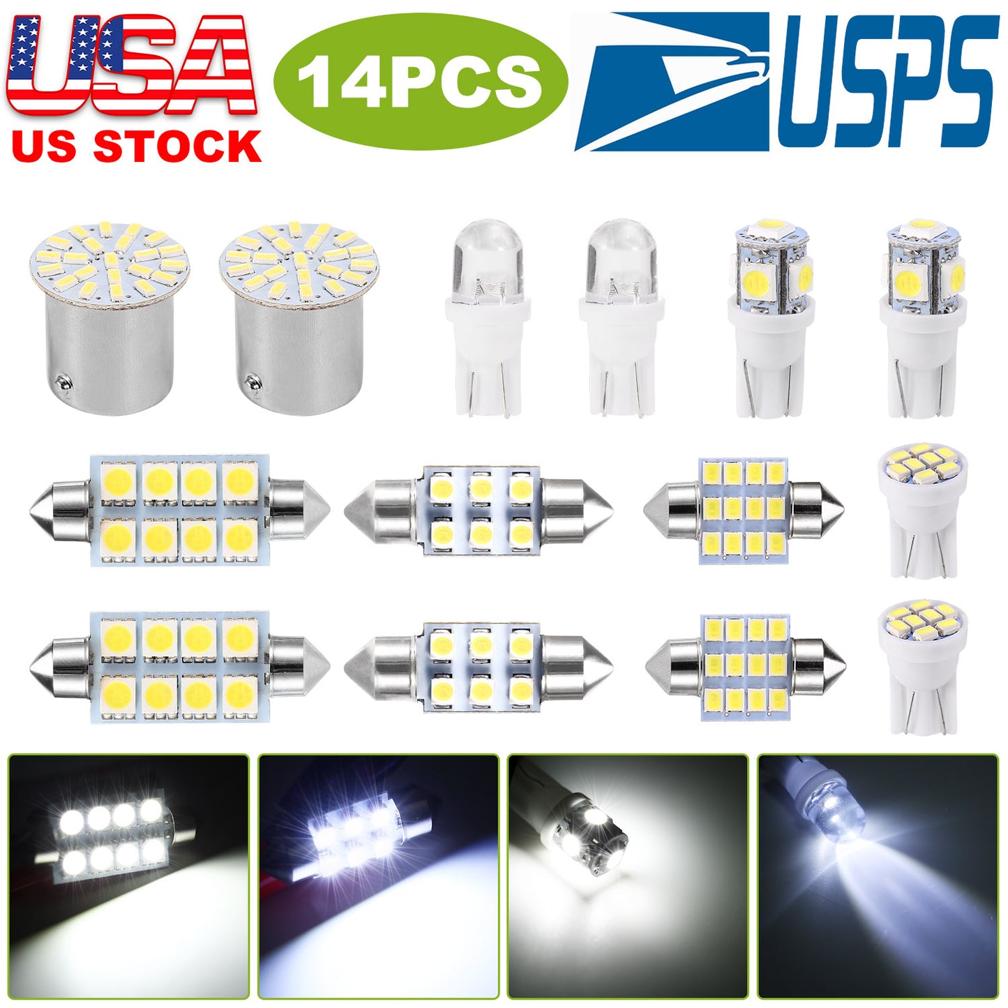 14Pcs T10/31mm/36mm/41mm/1156 Festoon LED Light Bulb Interior Dome Map LED Lights License Plate Trunk Side Positioning Lights 6000K White