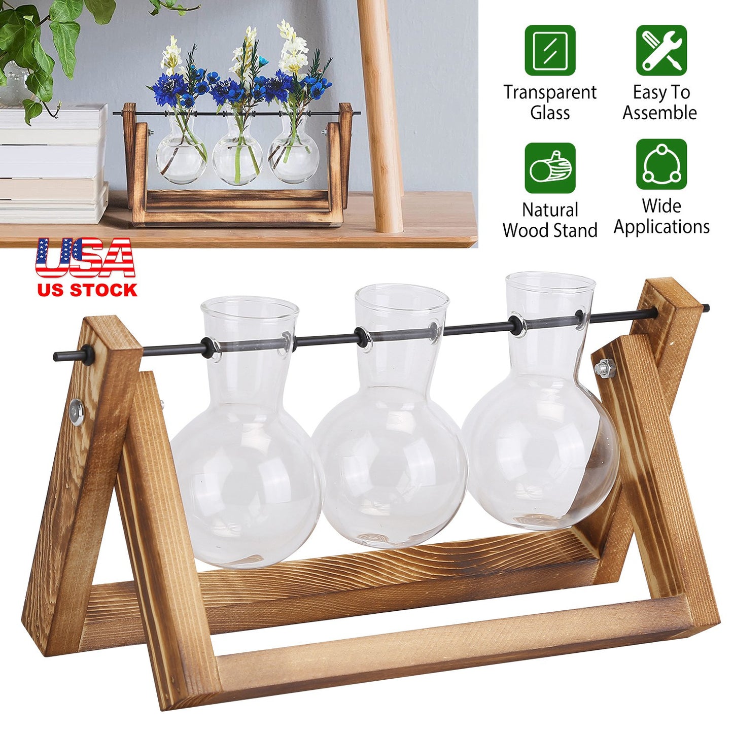 Desktop Glass Planter Bulb Plant Terrarium with Wooden Stand Air Planter Glass Vase Metal Swivel Plant Vase for Hydroponics