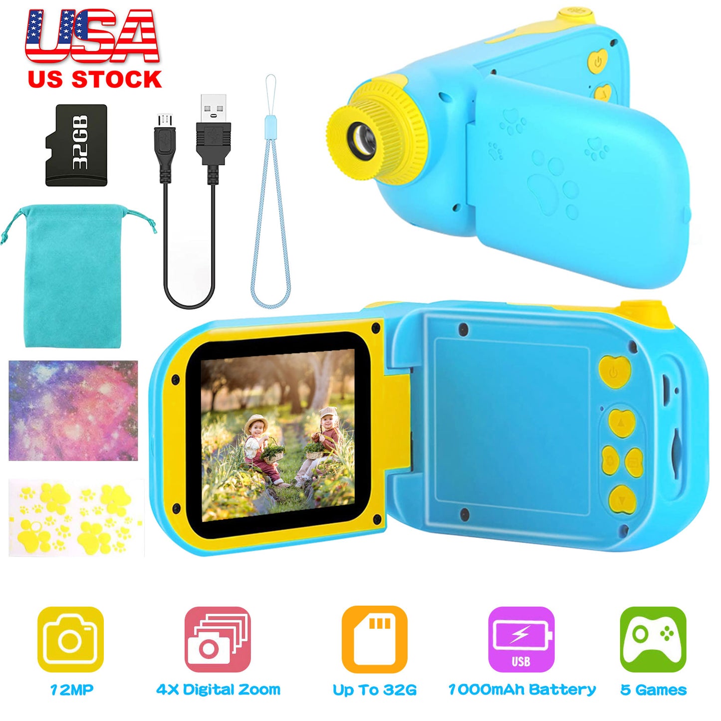 Kids Digital Camera Child Video Camera Children Camcorder Christmas Toy Birthday Gifts with 2.4in Screen 4X Digital Zoom 5 Games 32G MMC Card for 3-10