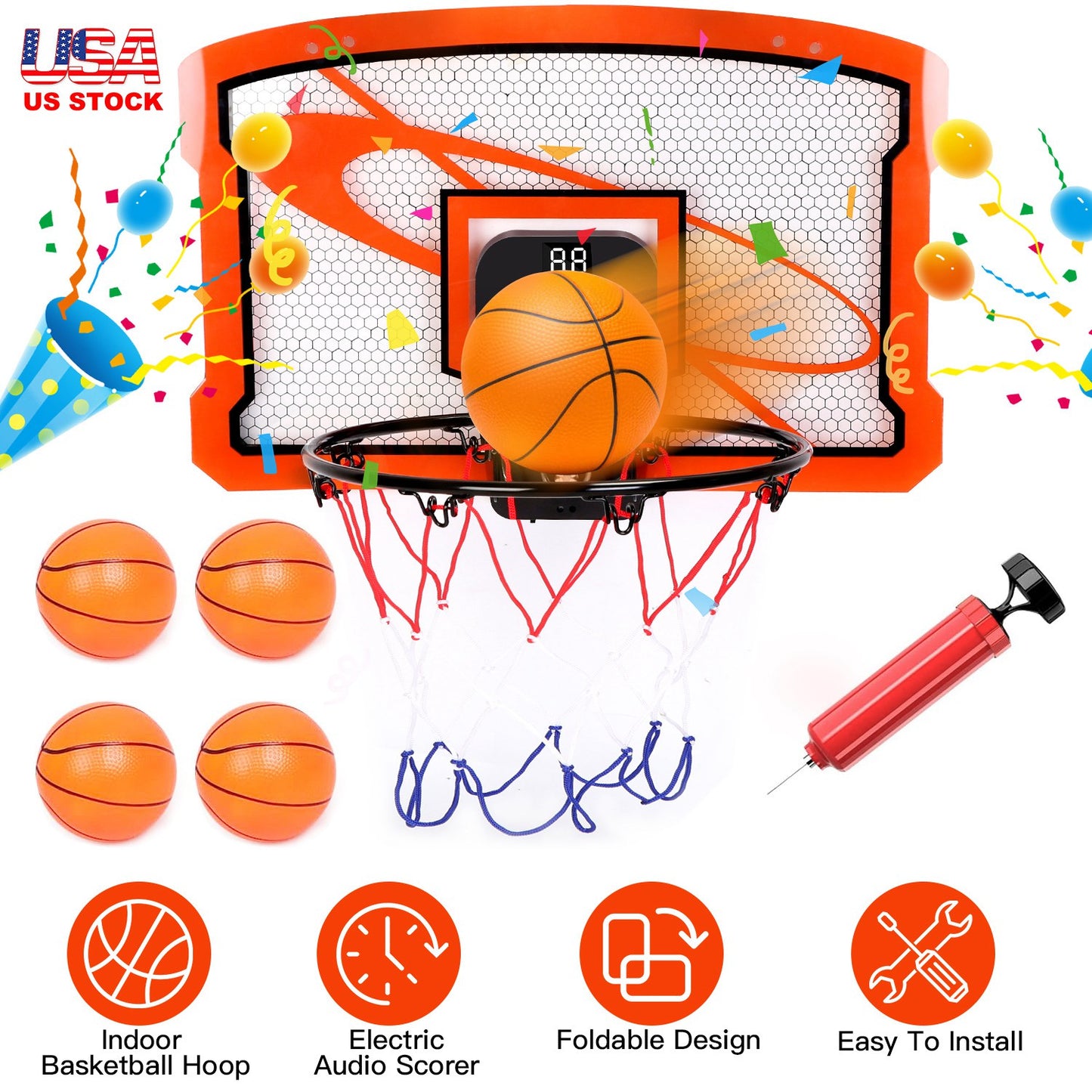 Indoor Mini Basketball Hoop Set Over Door Basketball Hoop with 4 Inflatable Balls Electric Audio Scorer Foldable Basket Gift for Kids and Adults