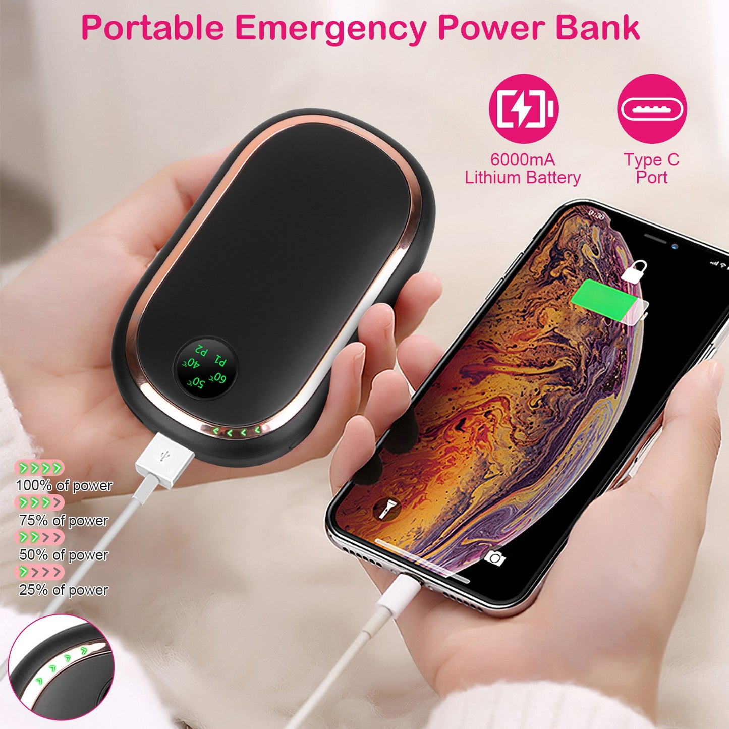 Rechargeable Hand Warmer Electric Hand Heater Portable Reusable Pocket Warmer Power Bank with Digital Display Sunset Light 3 Levels Double-sided Heati