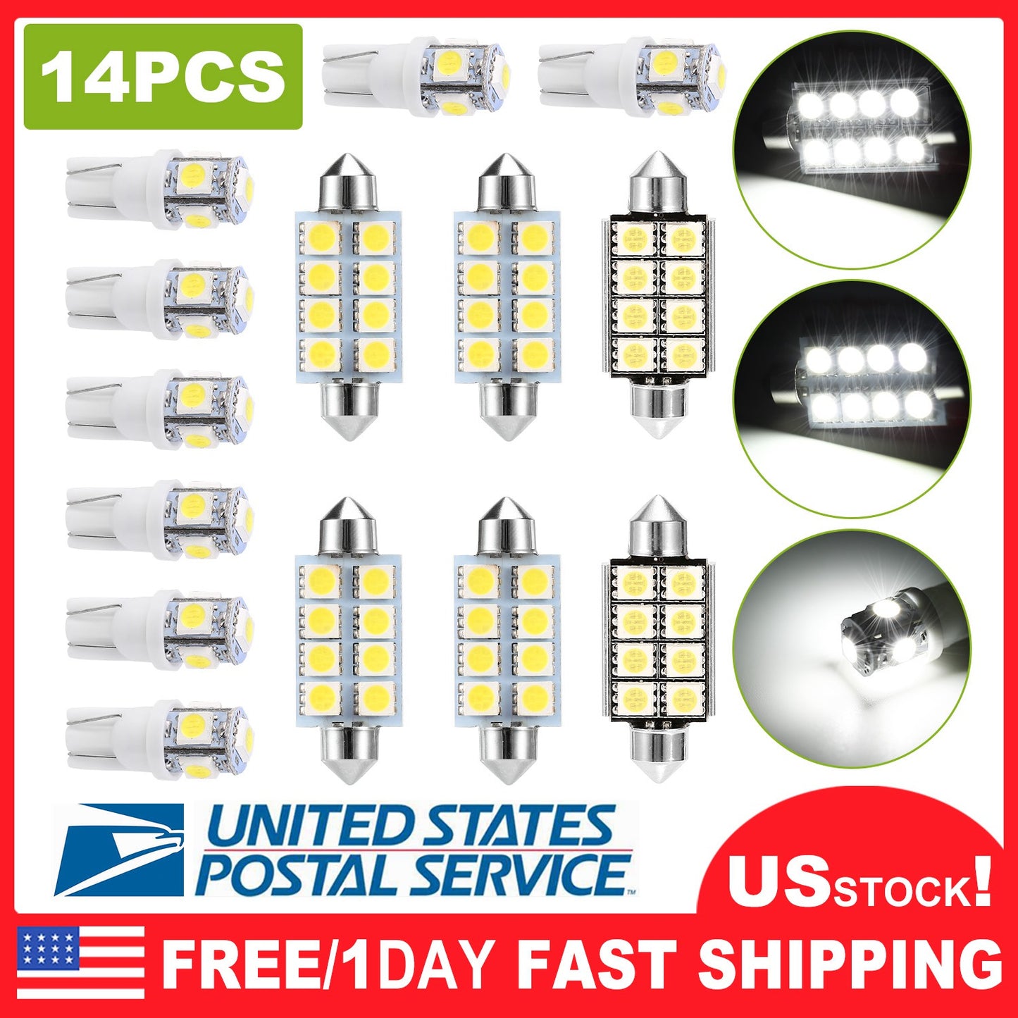 14Pcs T10 41mm Festoon LED Light Bulb Interior Dome Map LED Lights License Plate Trunk Side Positioning Lights 6000K White