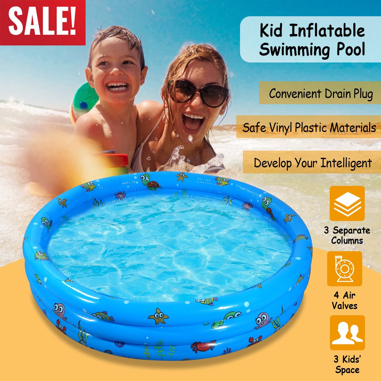 51x13Ó Inflatable Swimming Pool Blow Up Family Pool For 3 Kids Foldable Swim Ball Pool Center w/ 4 Valves Bottom Water Drain Plug For Indoor Backyard