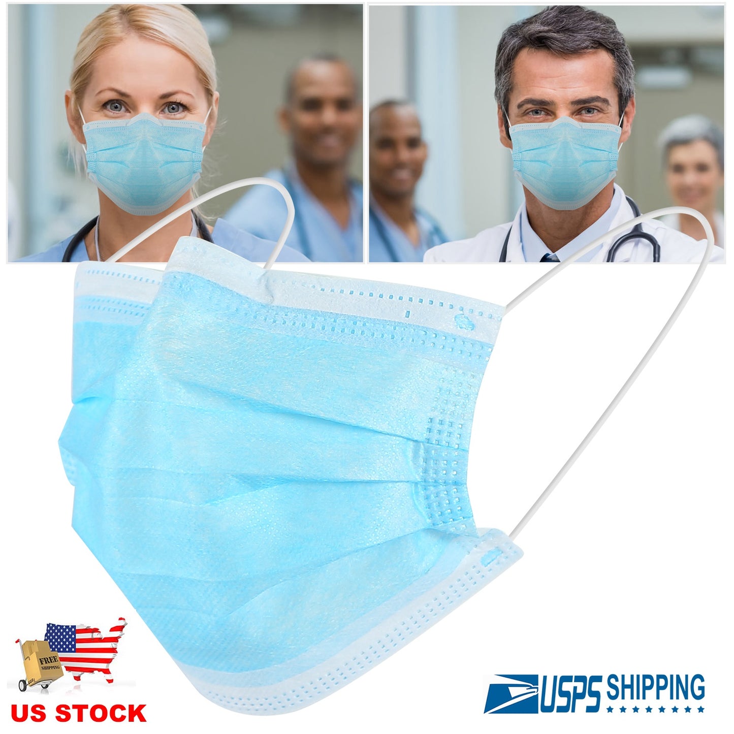 50Pcs 3-Layers Disposable Face Masks Elastic Earloop 95% Melt-Blown Filter Sanitary Face Mask
