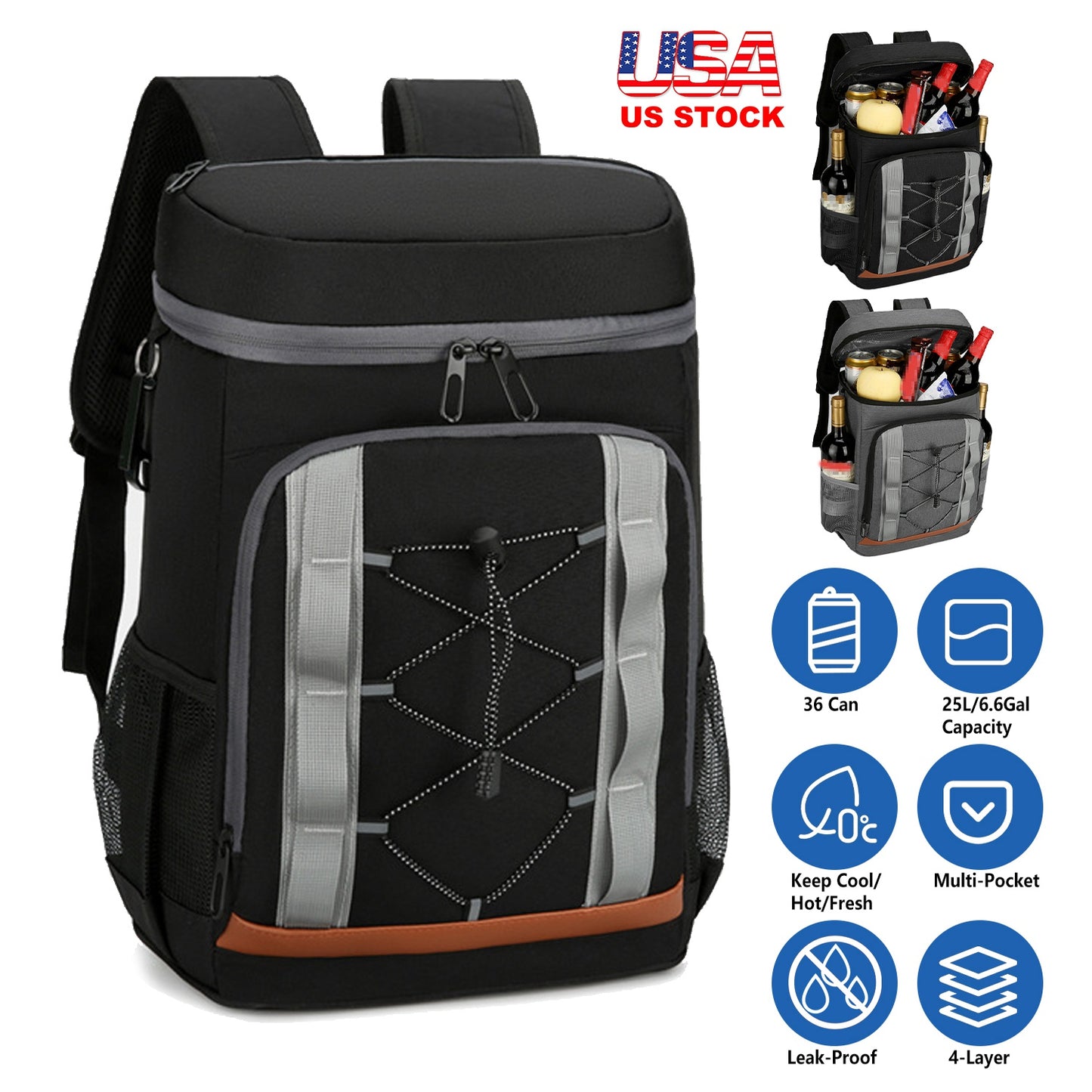 Cooler Backpack 36 Can Leakproof Insulated Cooler Backpack with 25L/6.6Gal for Picnic Camping BeachÊHiking Fishing Travel