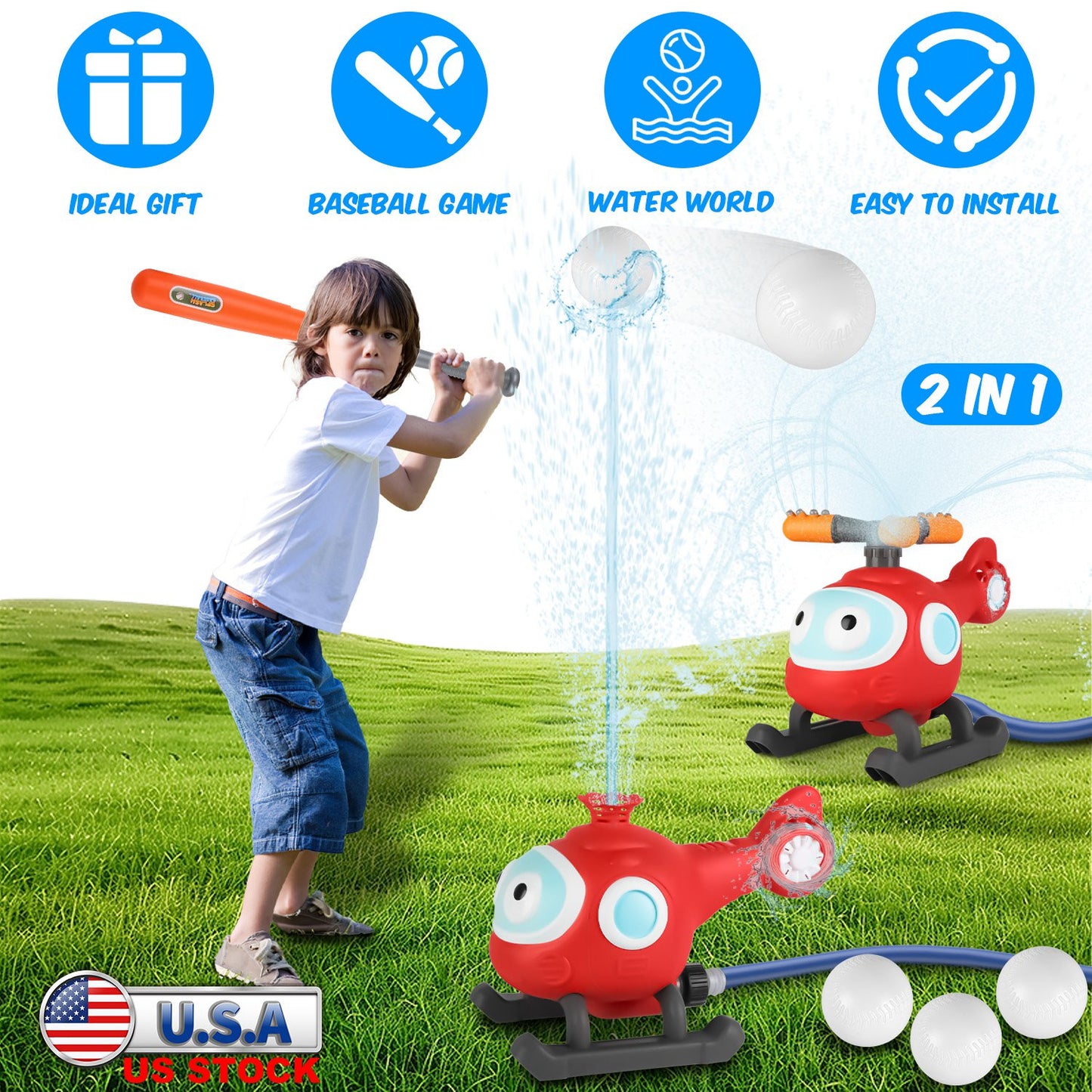 2 In 1 Water Sprinkler Baseball Helicopter Toy for Kids 360¡Rotating Water Tee Ball Set for Backyard Lawn Pool Party Outdoor Summer Game for 3+ Years