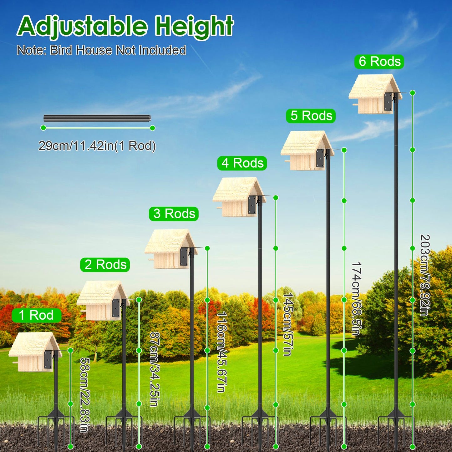 79.92in Bird House Pole Kit Height Adjustable Bird Feeder PoleÊMount Kit Heavy Duty Bird House Pole Set with 5 Prongs Base for Bird House Bird Feeder