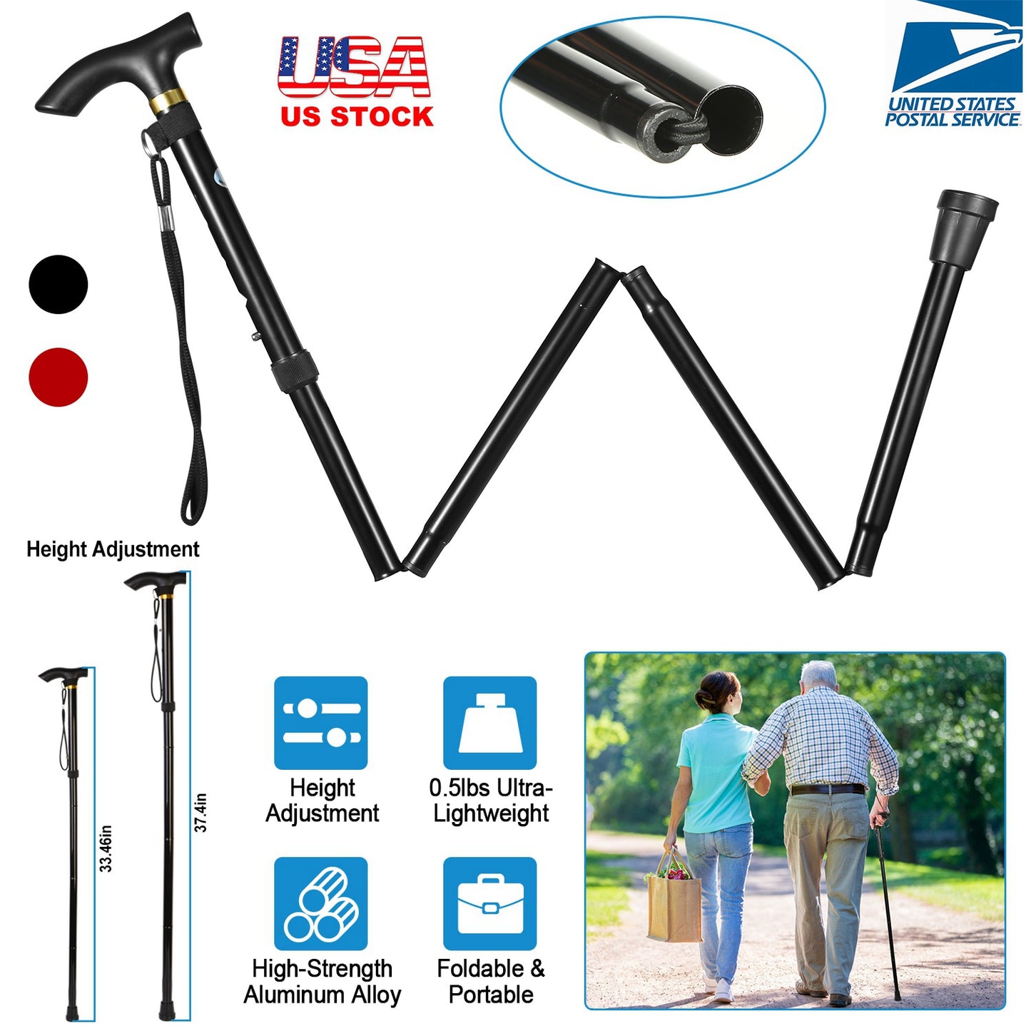 Walking Cane Aluminum Alloy Walking Stick Adjustable Folding Travel Hiking Stick Anti-Slip