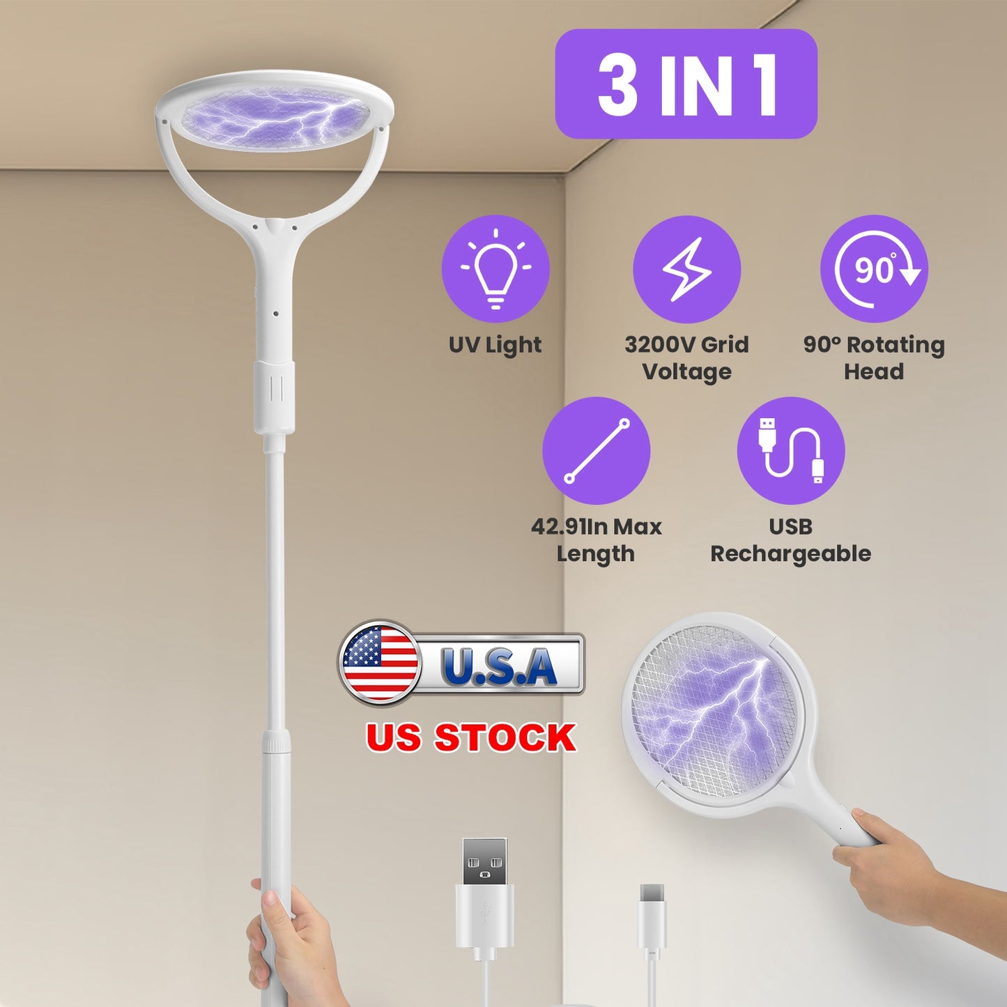 3 In 1 Electric Bug Zapper Racket 90¼Rotating Bug Zapper Wand Indoor Outdoor Handheld Mosquito Swatter with Telescopic Extension Wand