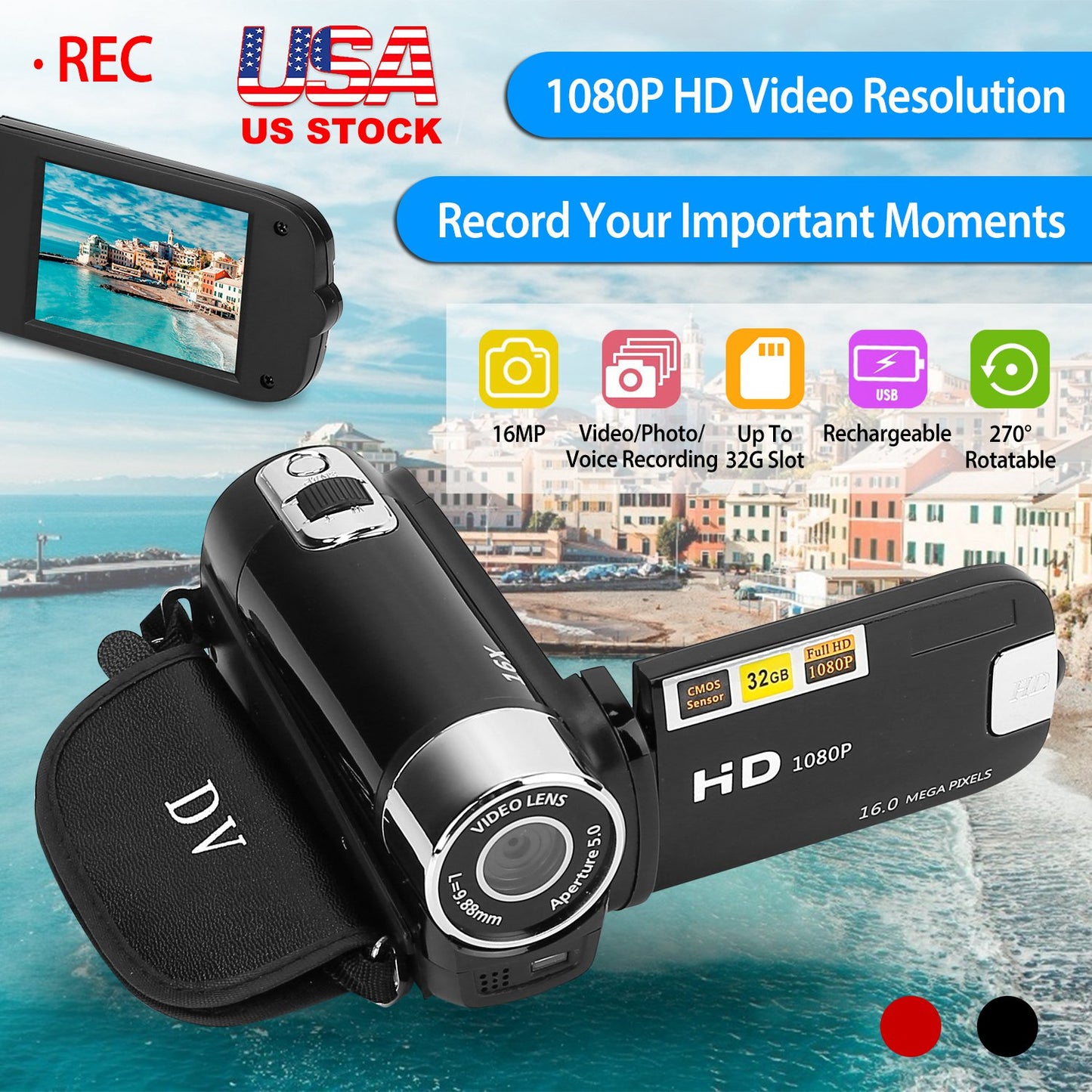 HD 1080P Digital Video Camcorder 2.7in 16X Zoom DV Camera 270¡ Rotation Rechargeable Kid Camera w/Fill Light Selfie
