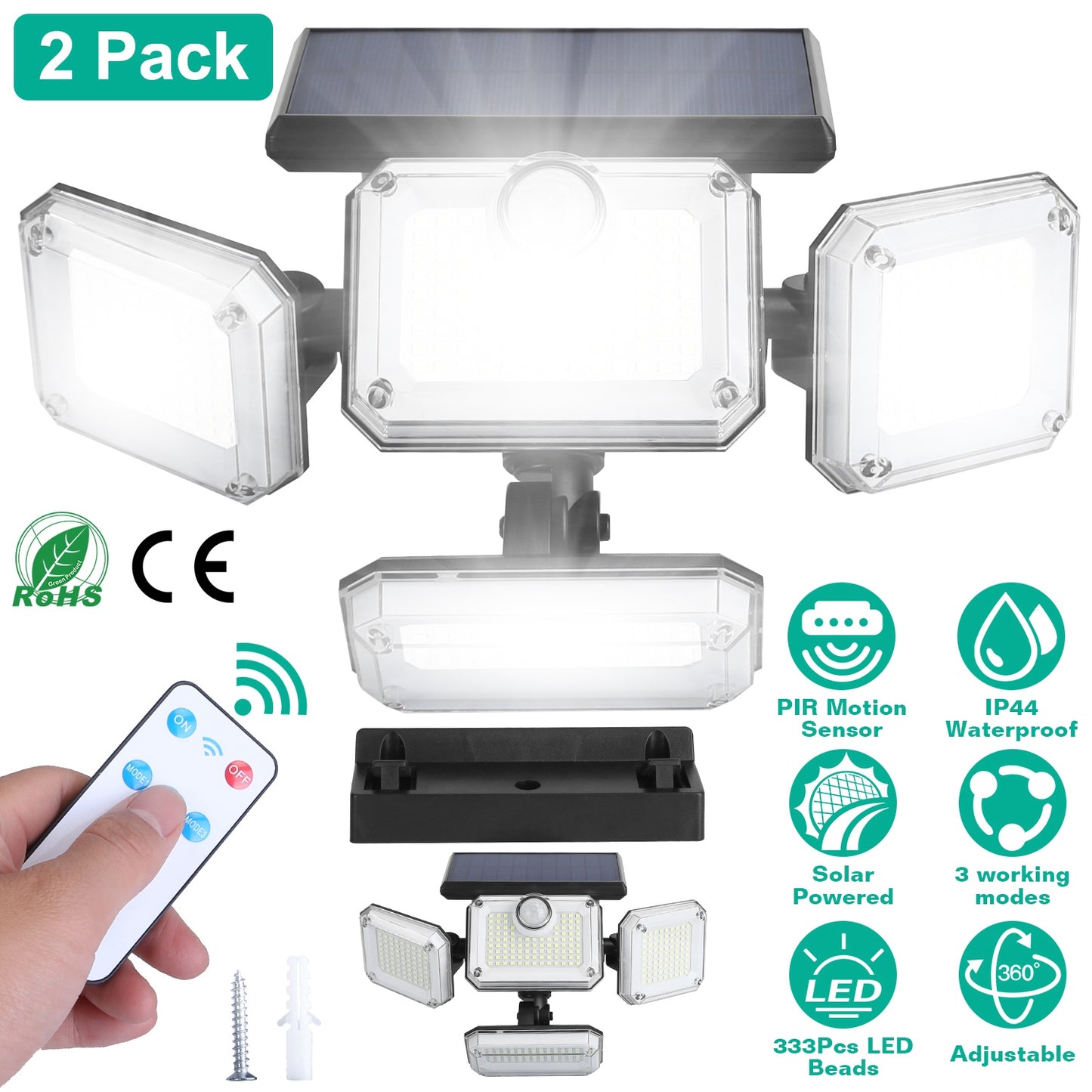 2 Pack Solar Powered Wall Lights IP44 Waterproof Motion Sensor Lights with 4 Adjustable Heads 333Pcs LED Beads 120¡ Sensing Angle Remote Control for Y