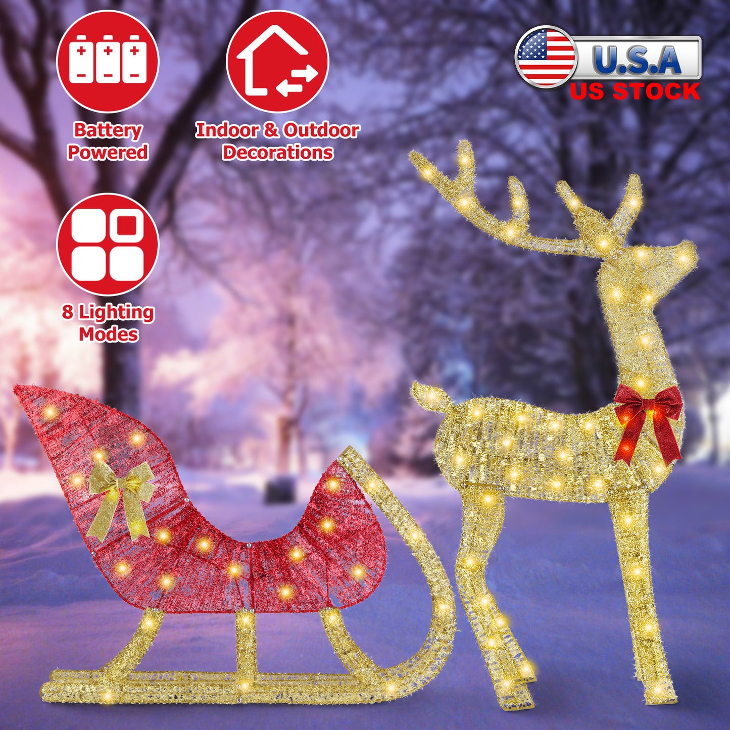 Lighted Christmas Reindeer & Sleigh Indoor Outdoor Christmas Decoration Christmas Lighted Display with 8 Lighting Modes