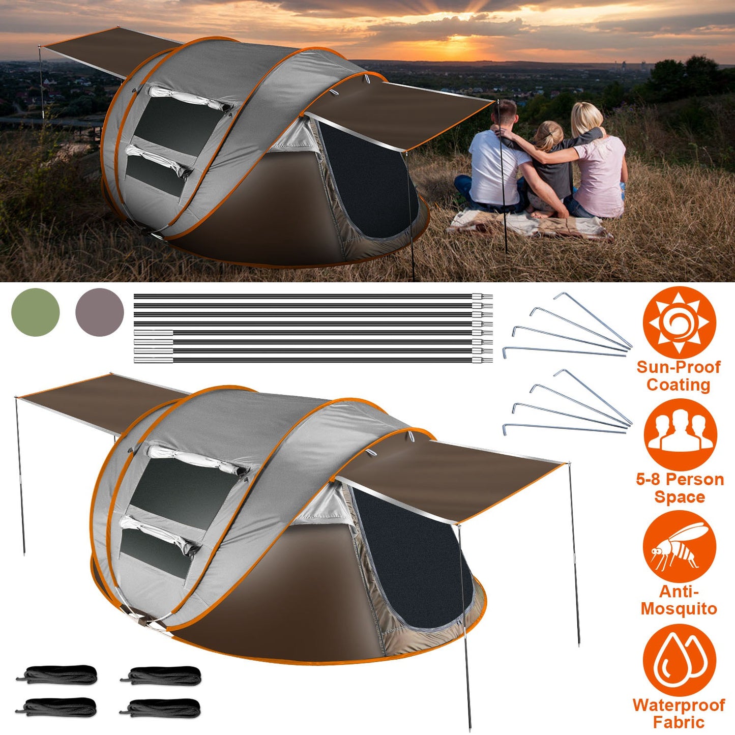 5-8 Person Pop Up Tent Automatic Setup Camping Tent Waterproof InstantÊSetup Tent with 4 Tent Poles 2 Mosquito Net Windows Carrying Bag for Hiking Cli