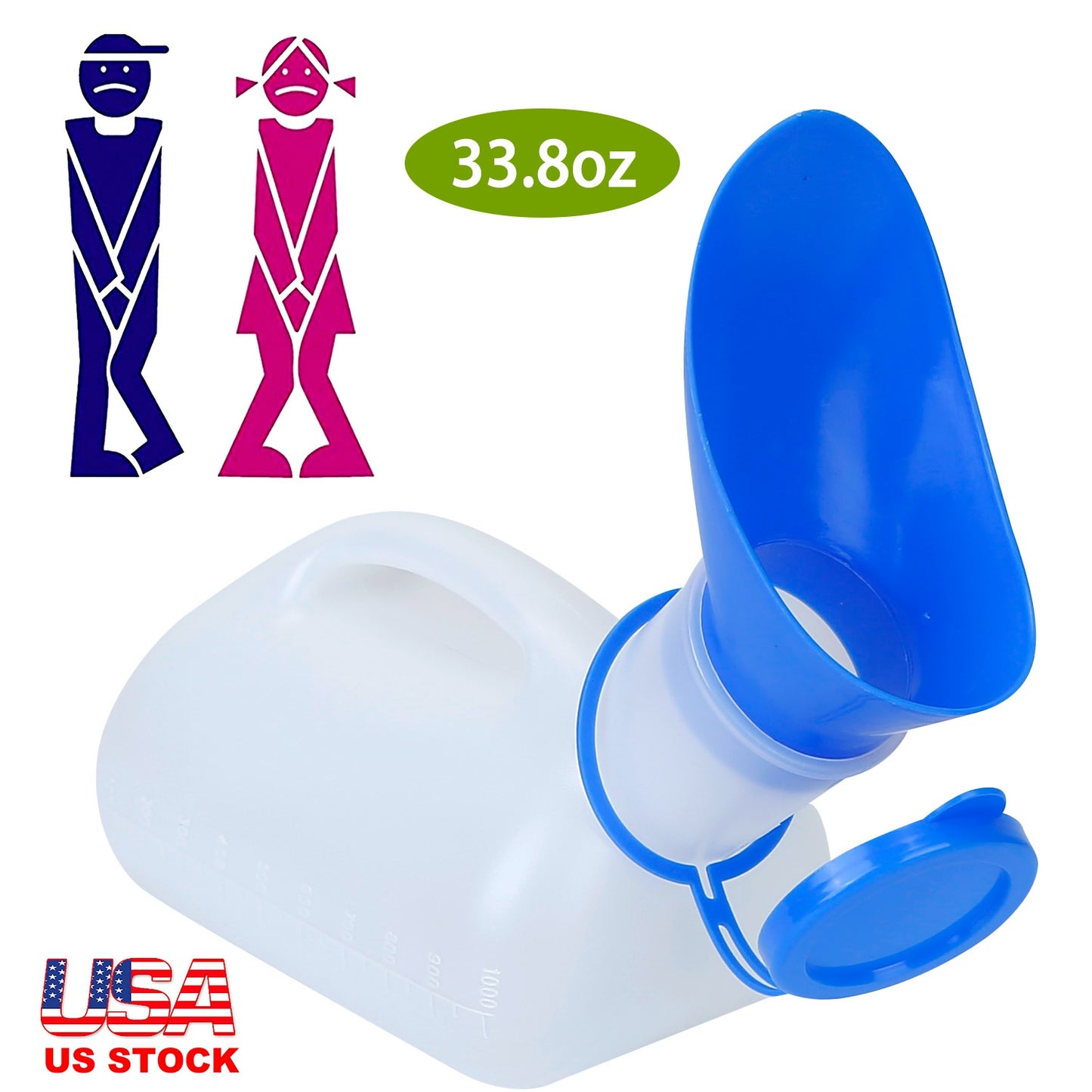 Unisex Potty UrinalÊBottle 1000ML/33.8OZ Adult EmergencyÊUrinal Device Portable Male Female Toilet w/ Lid Funnel For Car Camping Travel Hospital Outdo