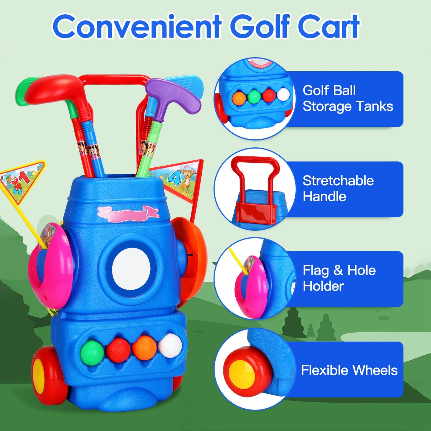 Toddler Golf Set with 4 Balls 4 Clubs 2 Holes 2 Flags Golf Cart Indoor Outdoor Golf Game Gift For 3-5 Years Old Kids