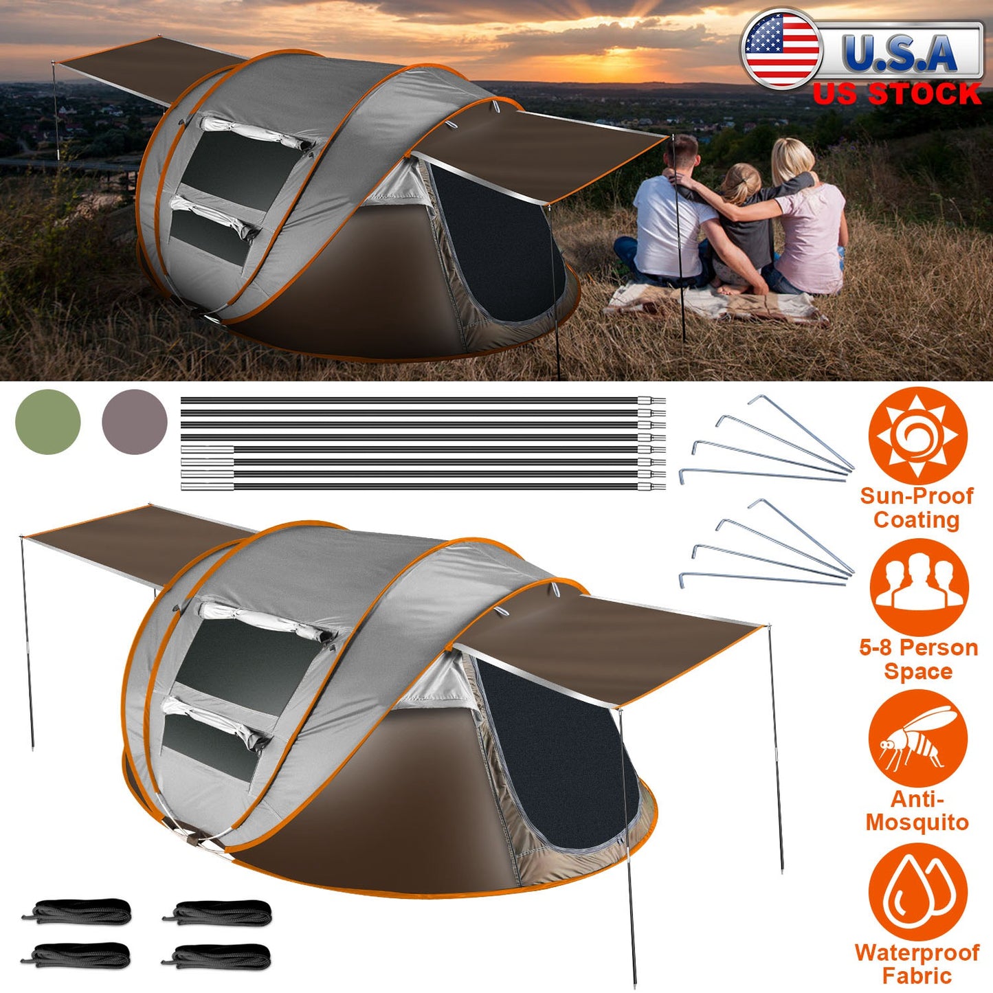 5-8 Person Pop Up Tent Automatic Setup Camping Tent Waterproof InstantÊSetup Tent with 4 Tent Poles 2 Mosquito Net Windows Carrying Bag for Hiking Cli