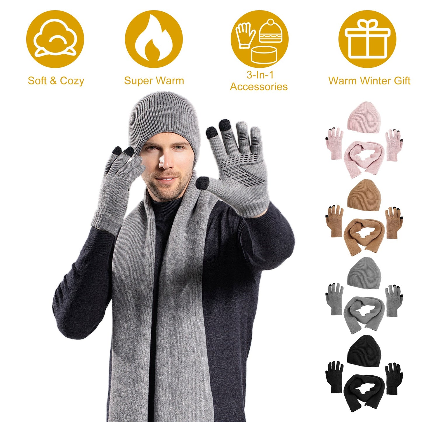 Winter Knitted Hat Scarf Gloves 3Pcs Winter Warm Beanie and Touch Screen Gloves Long Neck Scarf Set Knit Beanie Skull Cap Neck Warmer Anti-Slip Mitten