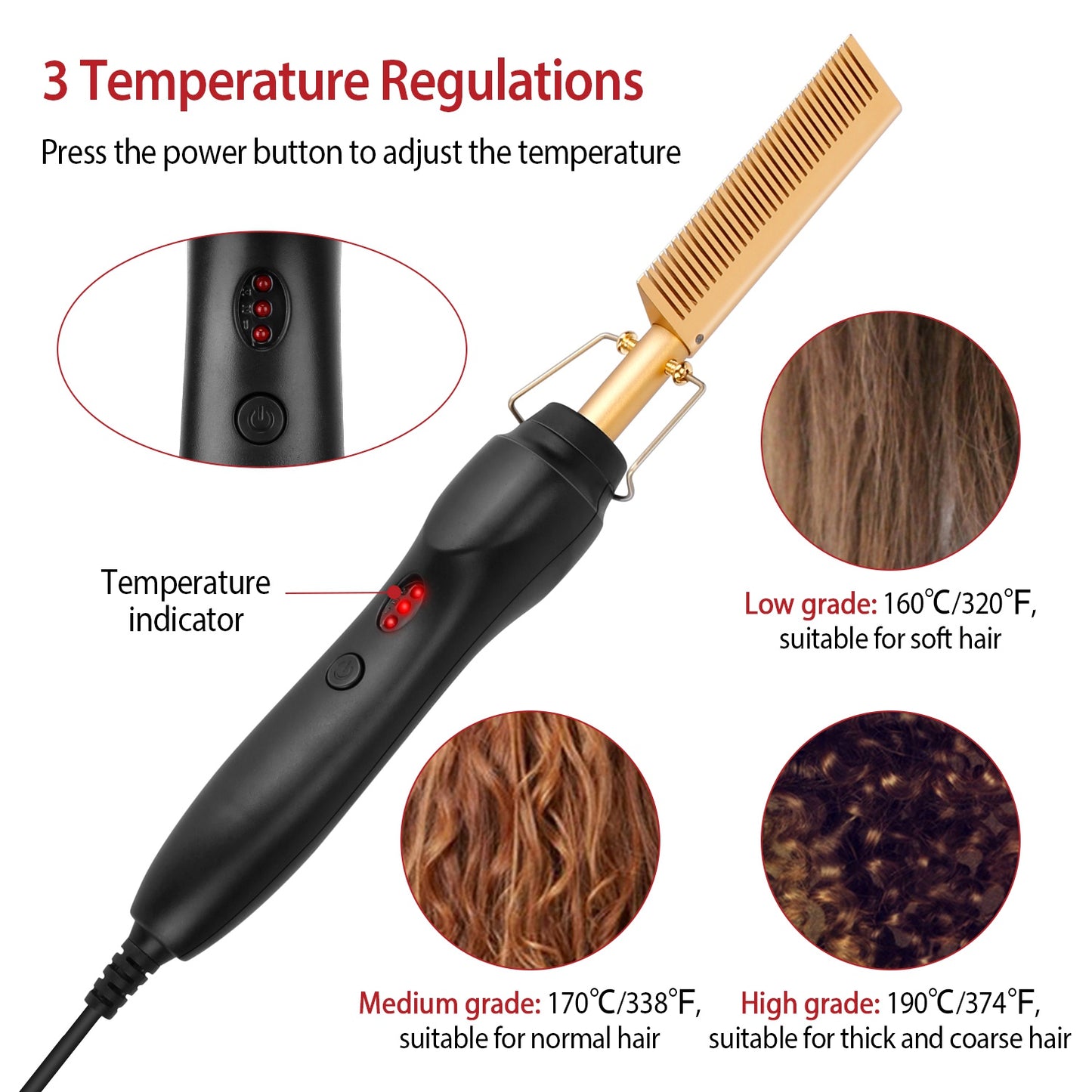 Electric Heating Hair Comb PTC Ceramic Hair Straightener Curler Brush Hair Straight Styler Wet Dry Use w/ 3 Temperature Adjustment