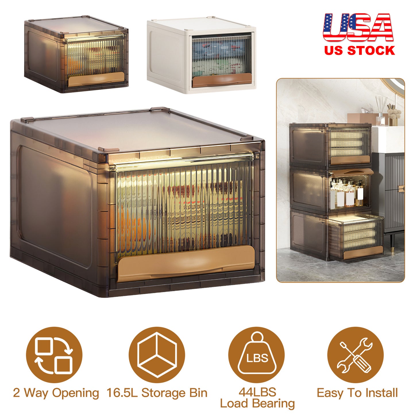 16.5L Stackable Storage Bin Plastic Drawer with Lid Closet Organizer Two Ways Opening Storage Box for Closet Kitchen Living Room Bedroom