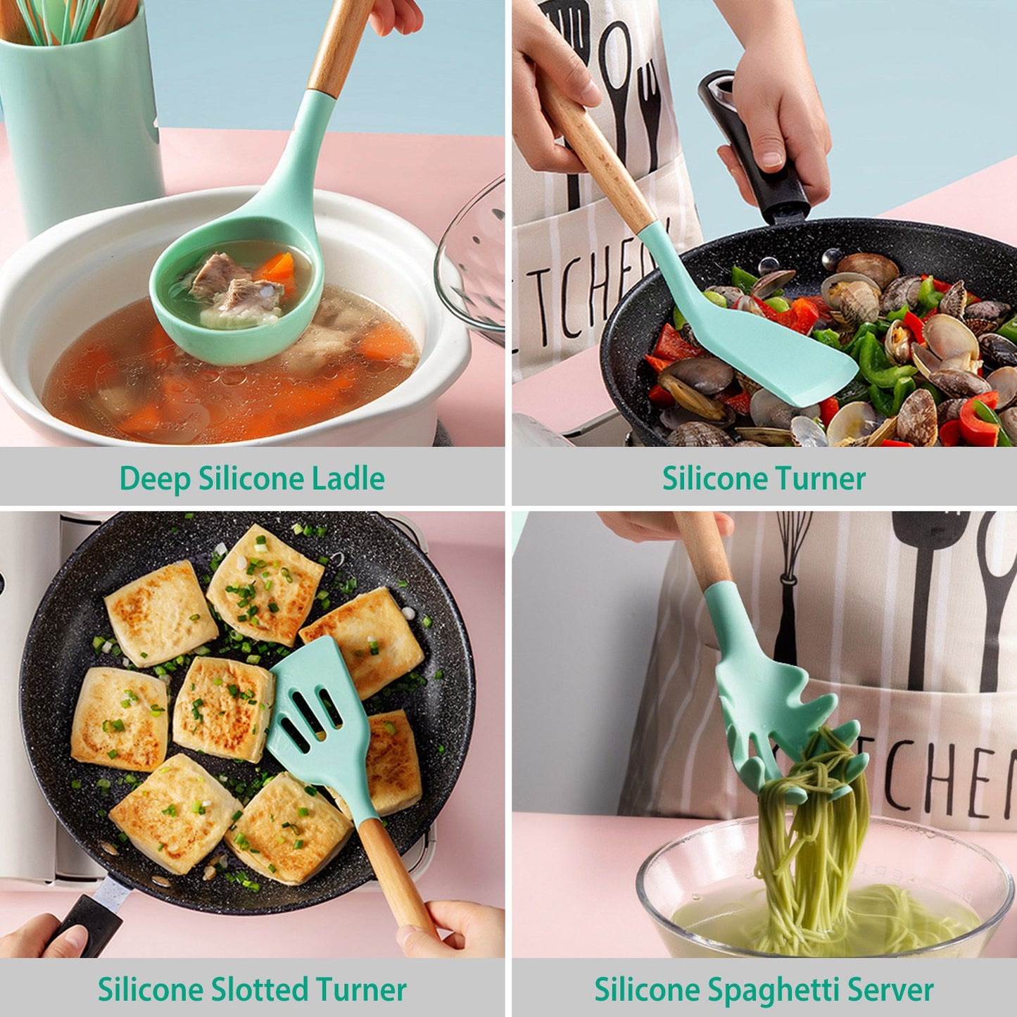 11Pcs Silicone Cooking Utensil Set Heat Resist Wooden Handle Silicone Spatula Turner Ladle Spaghetti Server Tongs Spoon Egg Whish Kitchenware Set w/ H