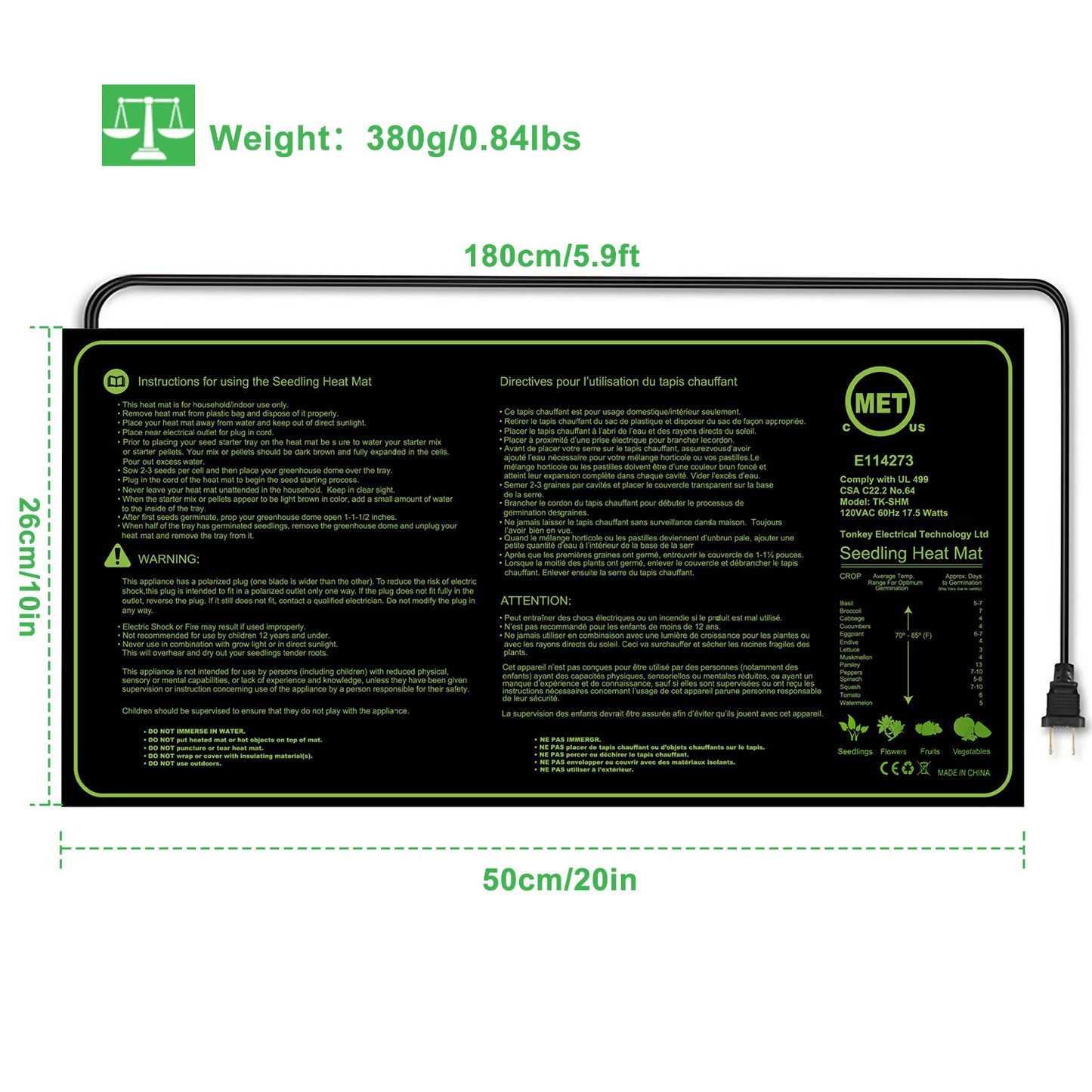 10" x 20" Seedling Heat Mat IP67 Waterproof Plant Warm Hydroponic Heating Pad 17.5W for Seed Germination Cloning Plant Propagation