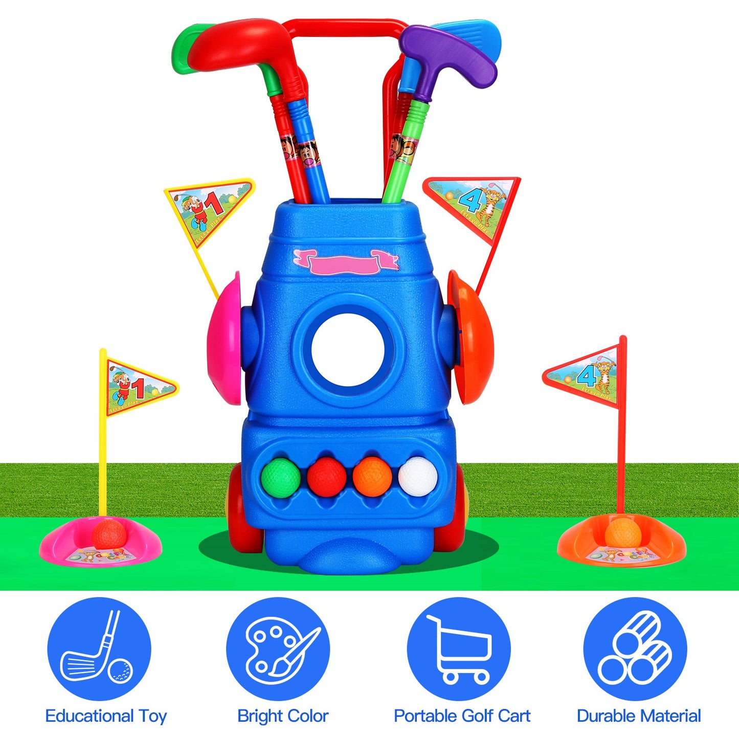 Toddler Golf Set with 4 Balls 4 Clubs 2 Holes 2 Flags Golf Cart Indoor Outdoor Golf Game Gift For 3-5 Years Old Kids