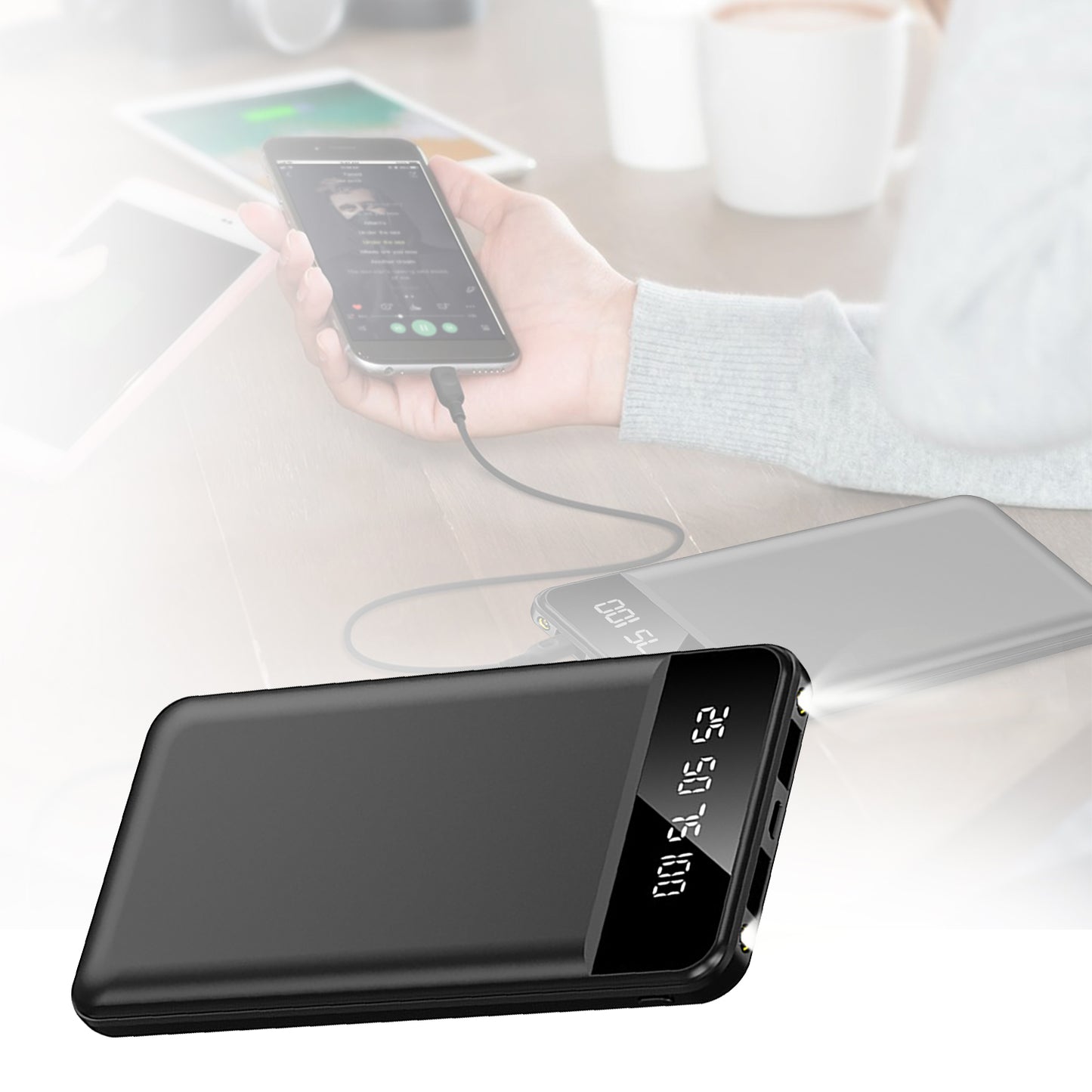 10000mAh Power Bank Portable Ultra Slim Charger External Battery Pack with 2 USB Output Ports Charging Cable LED Flashlight Compatible with IOSPhone 1