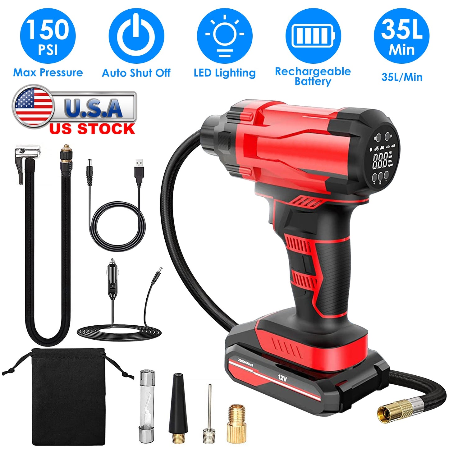 150PSI Cordless Car Tire Pump Rechargeable Tire Inflator 12V Portable Electric Air Compressor with LED Light for Car Bike Motorcycle Ball