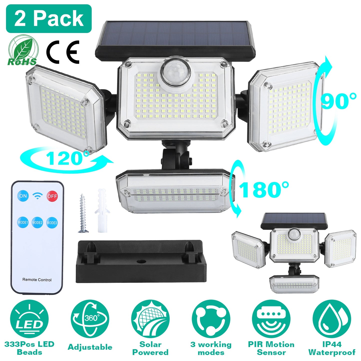 2 Pack Solar Powered Wall Lights IP44 Waterproof Motion Sensor Lights with 4 Adjustable Heads 333Pcs LED Beads 120¡ Sensing Angle Remote Control for Y
