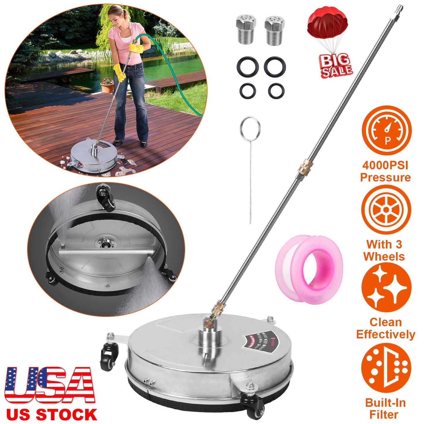15in High Pressure Washer Flat Surface Cleaner 4000PSI Stainless Steel Disc Power Washer Broom with 3 Wheels 2 Washer Extension Wands 2 Replacement No