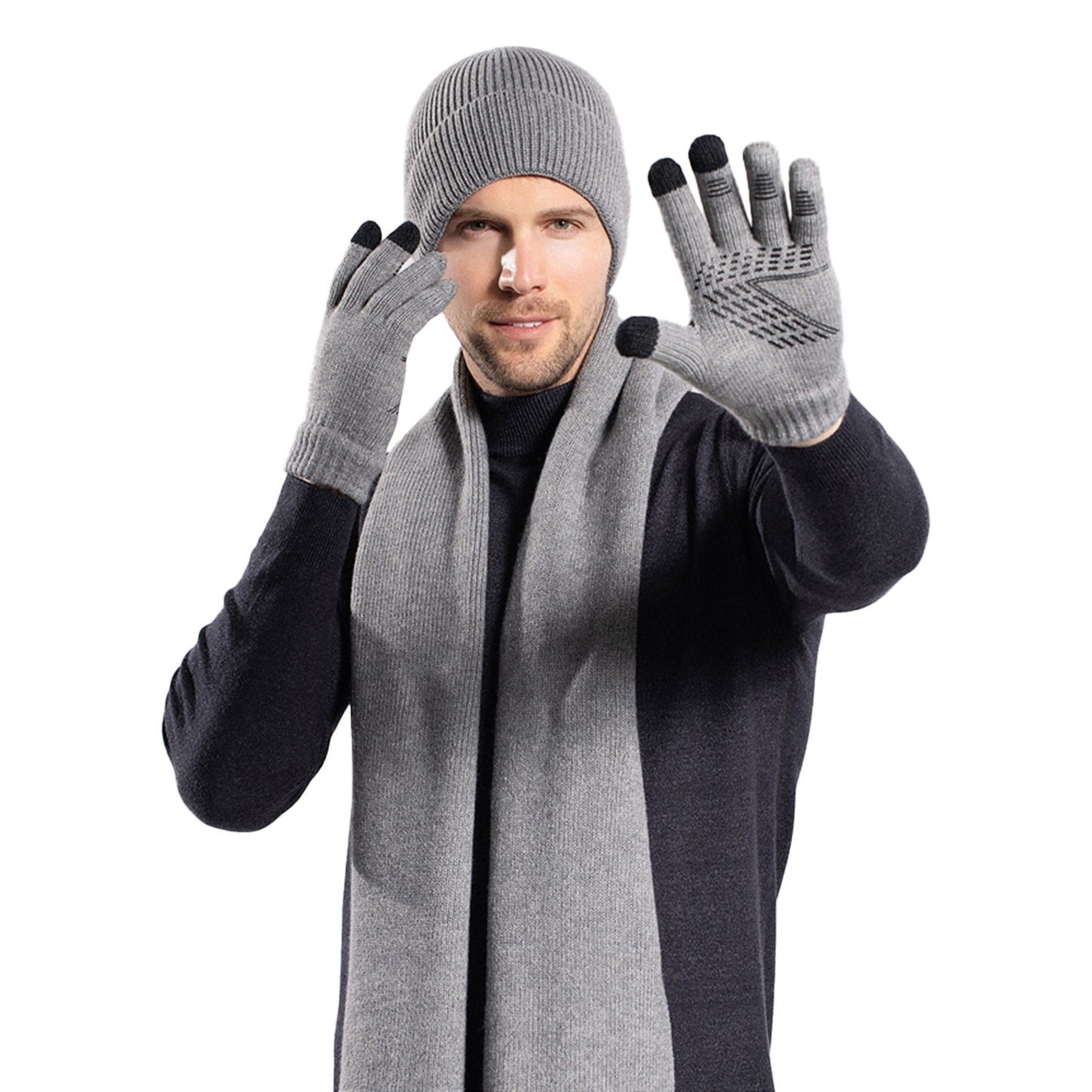 Winter Knitted Hat Scarf Gloves 3Pcs Winter Warm Beanie and Touch Screen Gloves Long Neck Scarf Set Knit Beanie Skull Cap Neck Warmer Anti-Slip Mitten