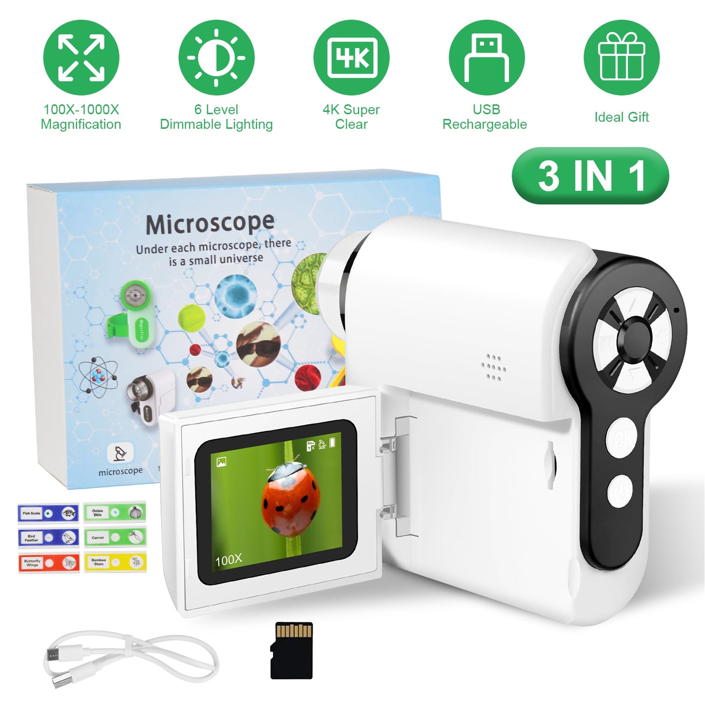 3 In 1 1000X KidsÕ Microscope Telescope Camera Handheld USB Mini Microscope with LED Light 6 Sample Slides 32G MMC Card for Boys Girls Aged 6+ Years O