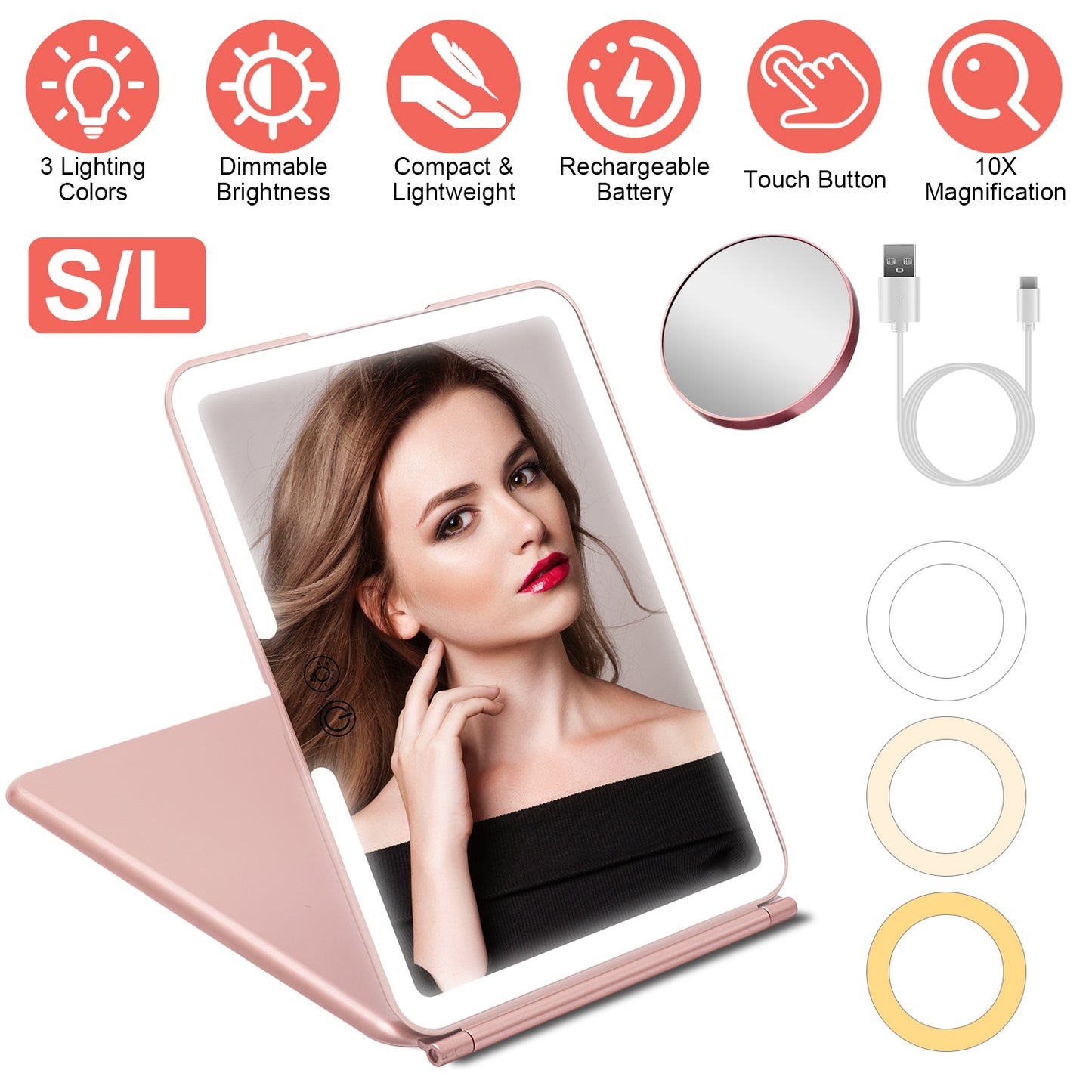 Folding Travel Makeup Mirror With 10X Magnifying Mirror 3 Color LED Lights Dimmable Brightness Rechargeable Battery Tabletop Portable Cosmetic Mirror